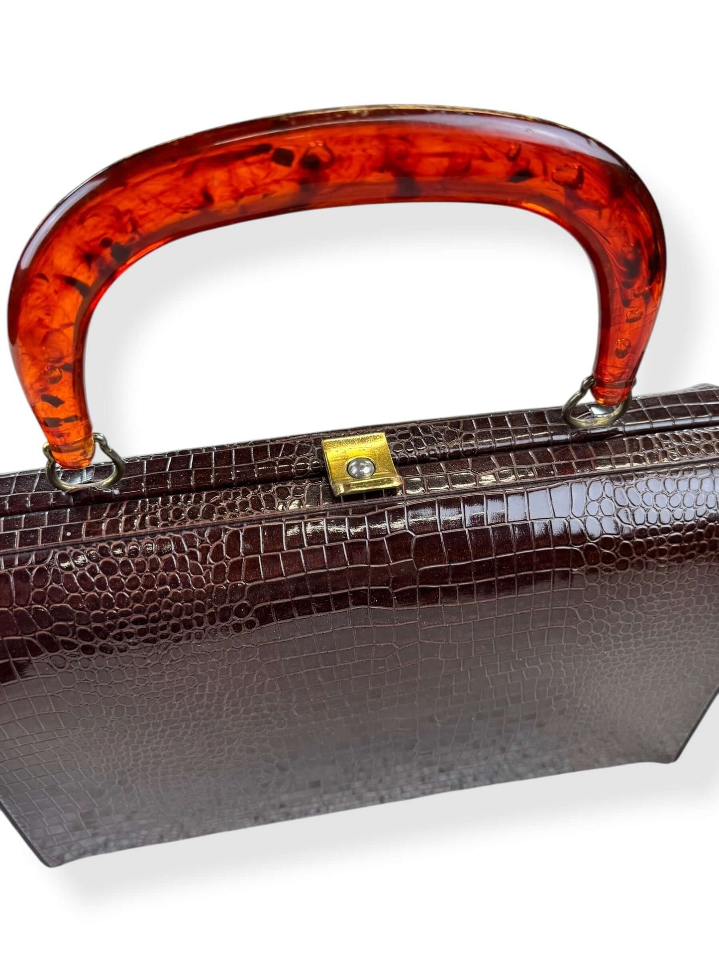 Top view of 1950s Faux Reptile Purse with Lucite Handle