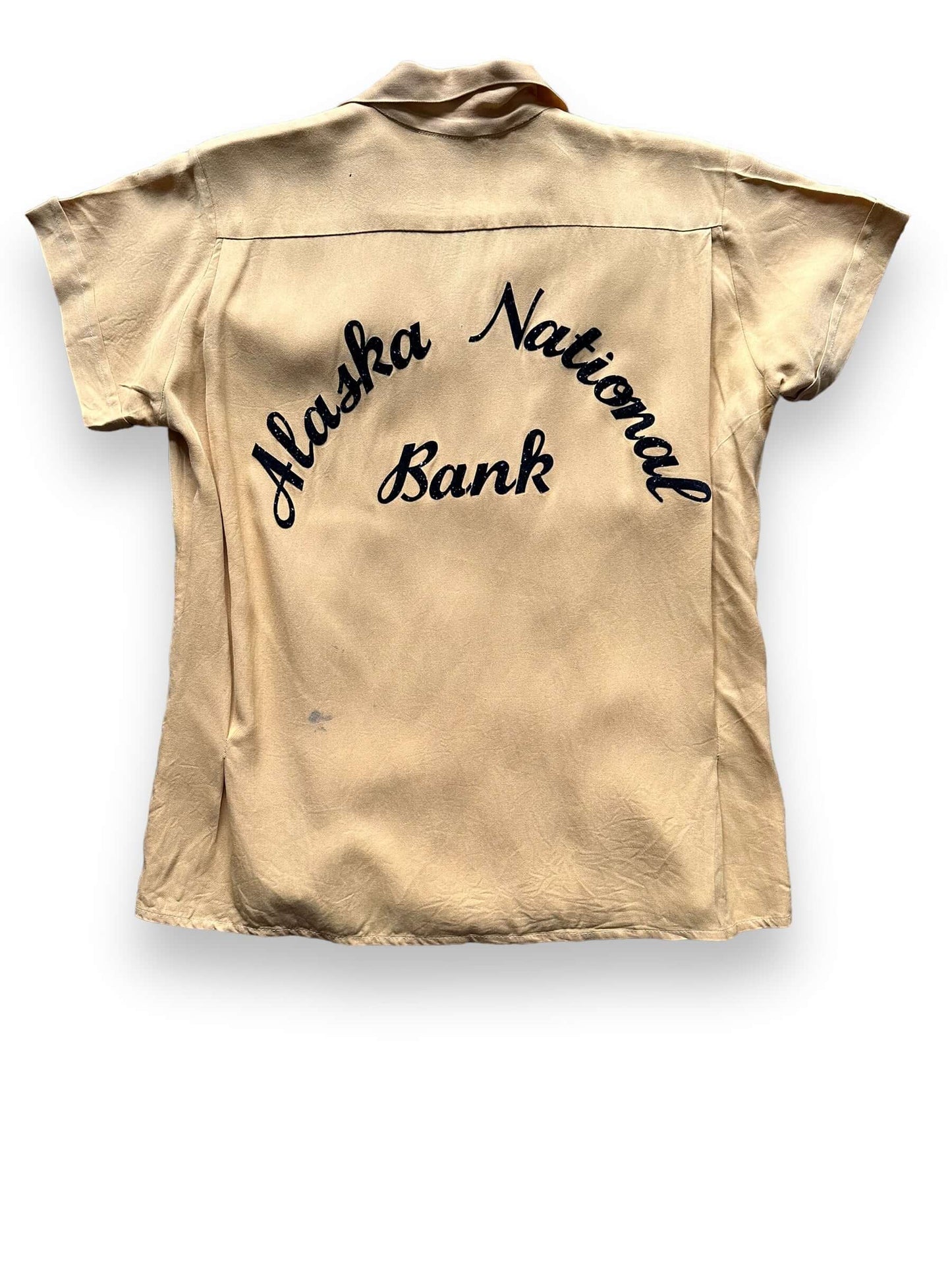 back close up of Vintage Alaska National Bank Rayon Ladies Bowling Shirt SZ S | Vintage Bowling Shirt Seattle | Barn Owl Vintage Seattle