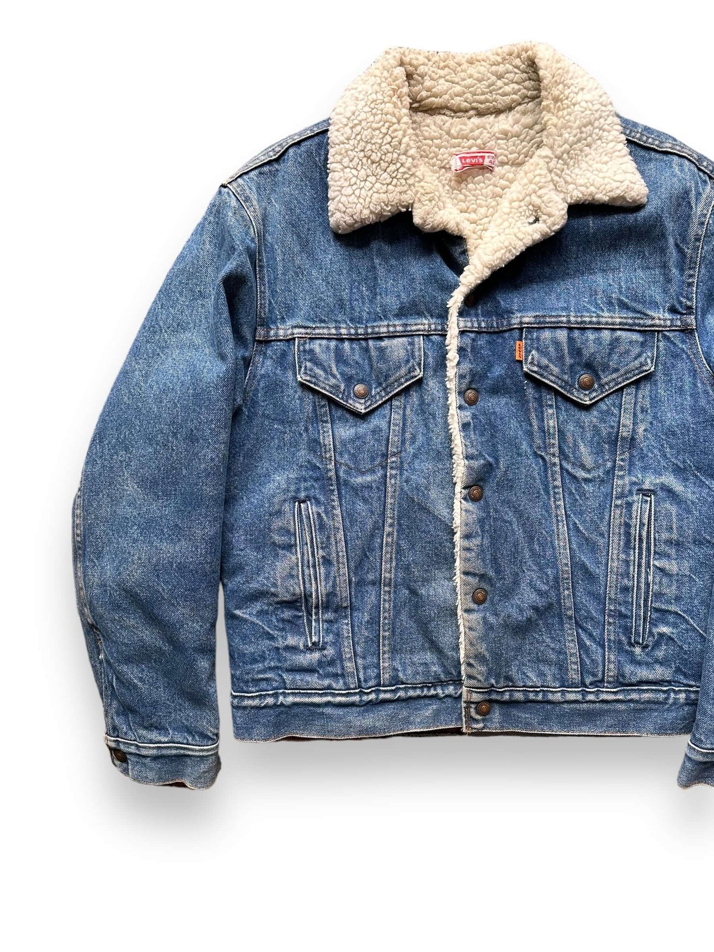 Front Right View of Vintage Levis Orange Tab Sherpa Type III Denim Jacket SZ 42 | Vintage Denim Workwear Seattle