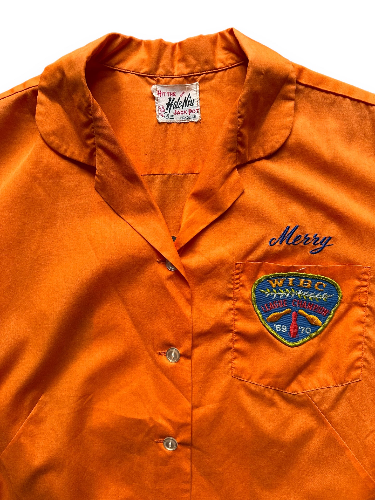 collar of Vintage South Seas Aquatics Flocked Ladies Bowling Shirt SZ L | Vintage Bowling Shirt Seattle | Barn Owl Vintage Seattle