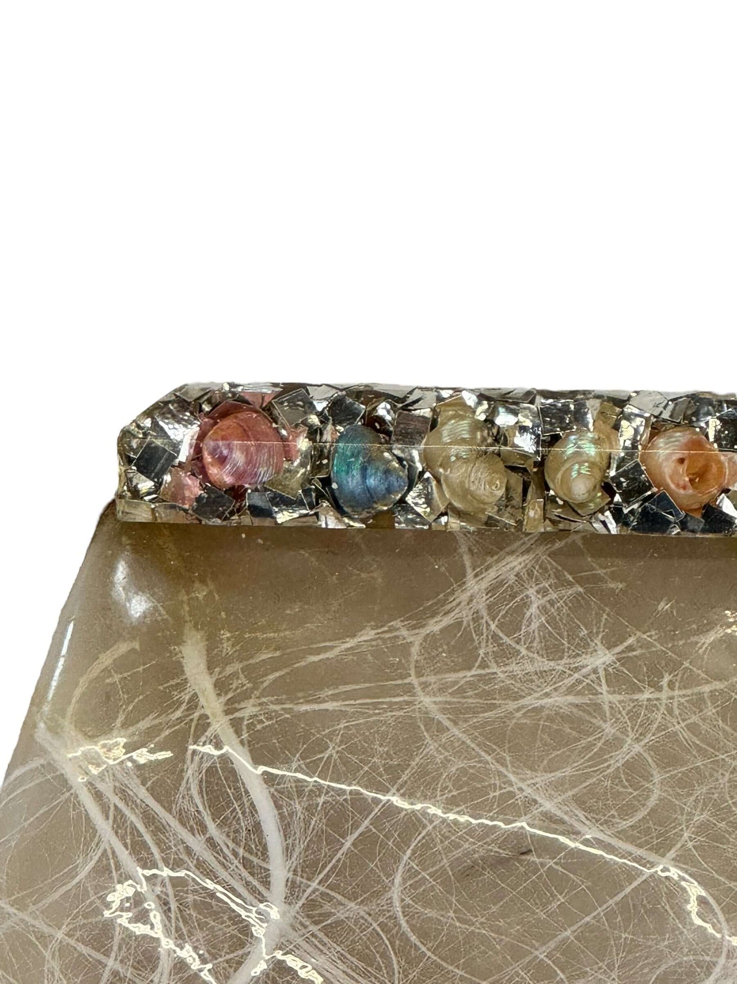 Shell lucite handle of 1960s Vinyl Swirl Clutch w/ Lucite Shell Closure