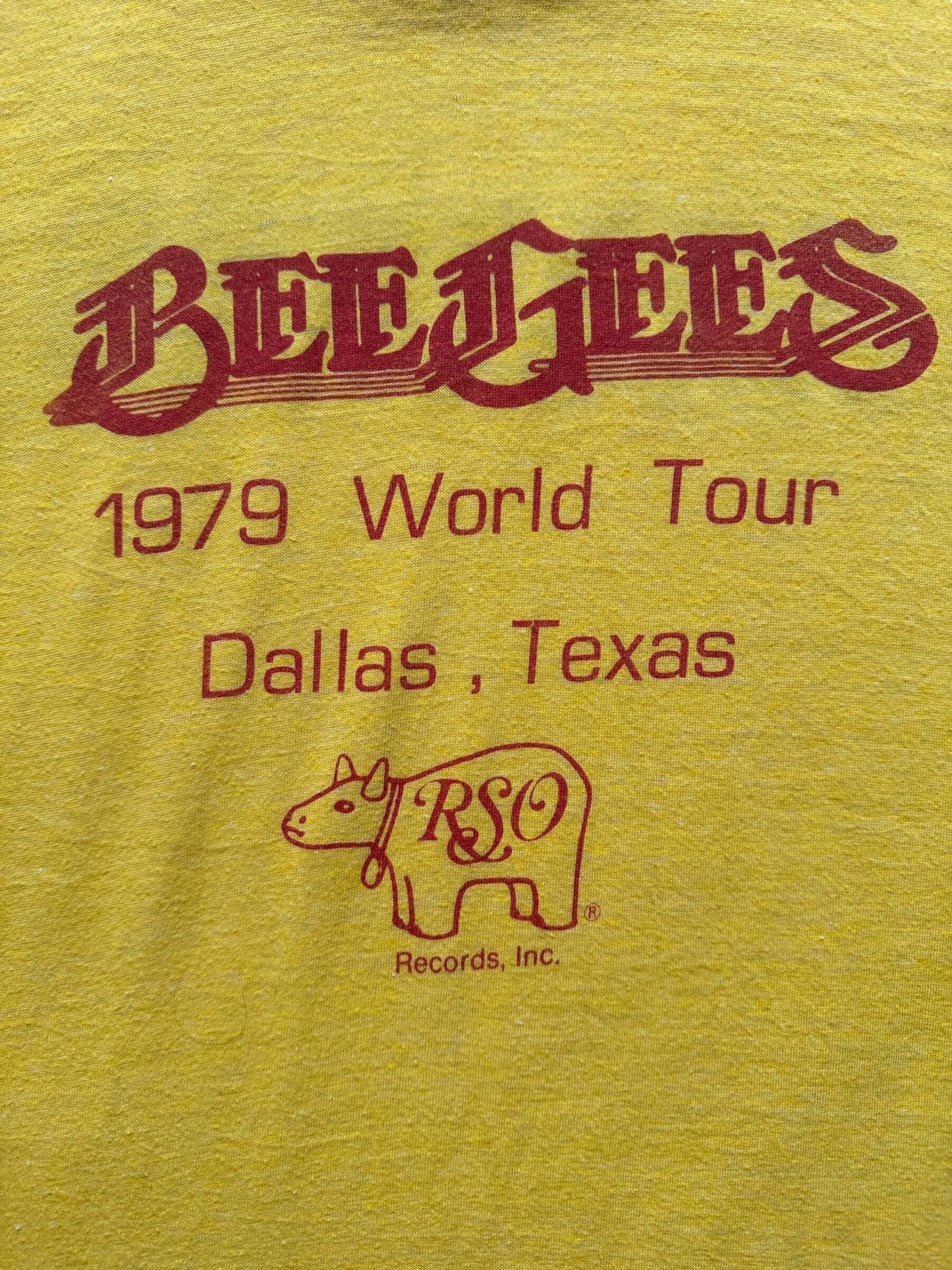 front graphic of Vintage 1979 BeeGees Record Store Employee Exclusive Band Tee SZ M