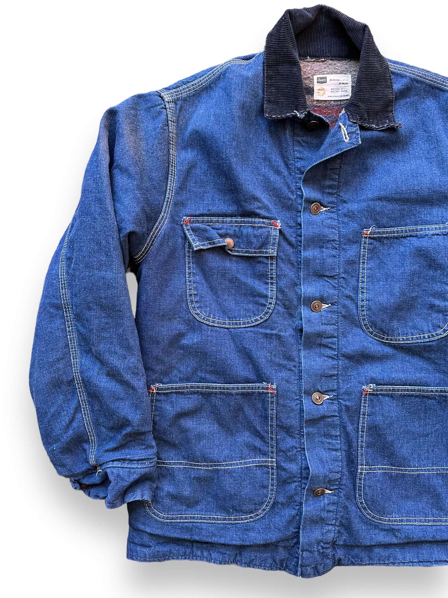 Front Right View of Vintage Sears Blanket Lined Denim Chore Coat SZ L | Vintage Denim Chore Coat | Barn Owl Vintage Seattle