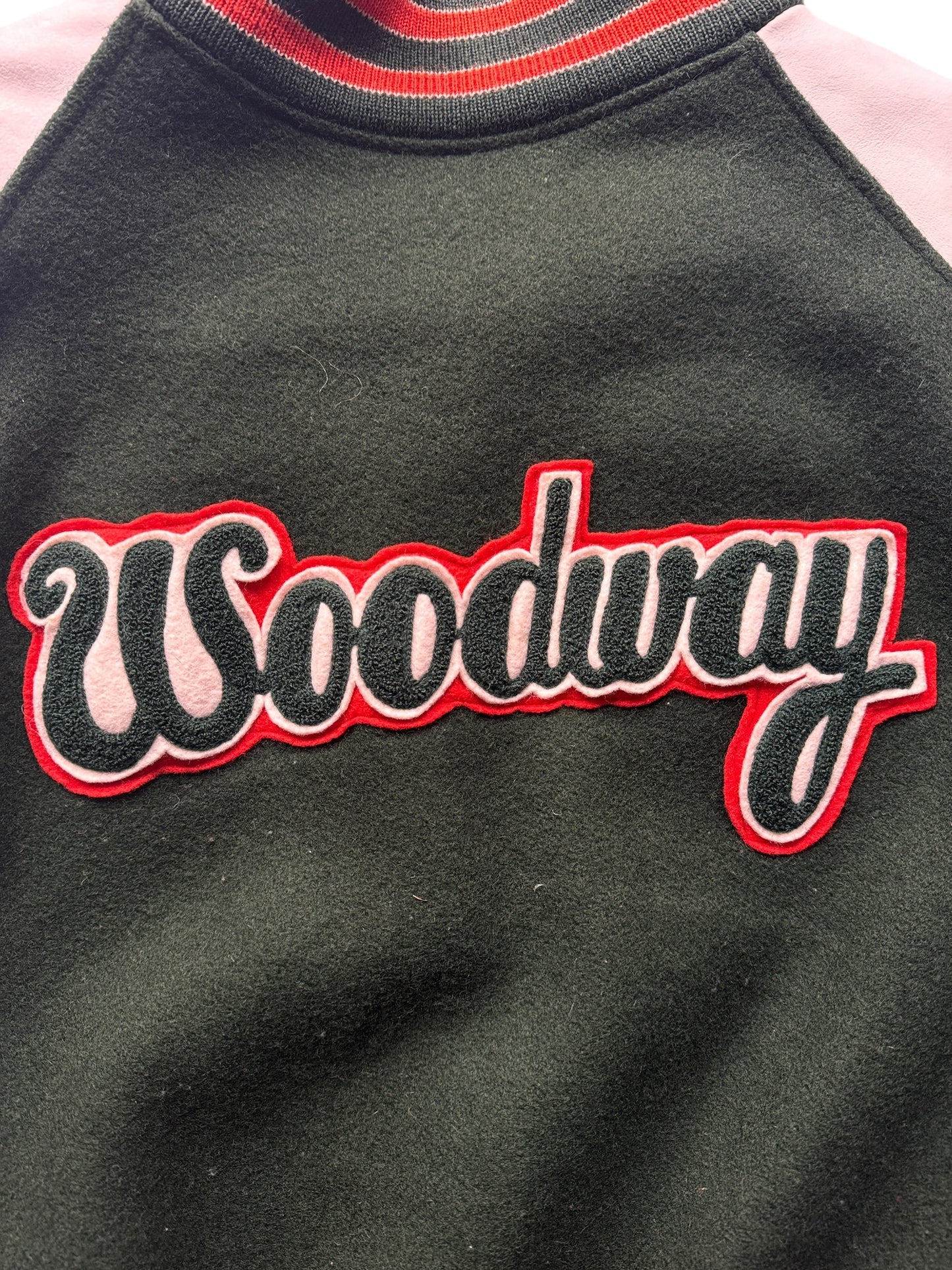 Close Up of Back Patch of Vintage 1987 Woodway Varsity Jacket SZ XL