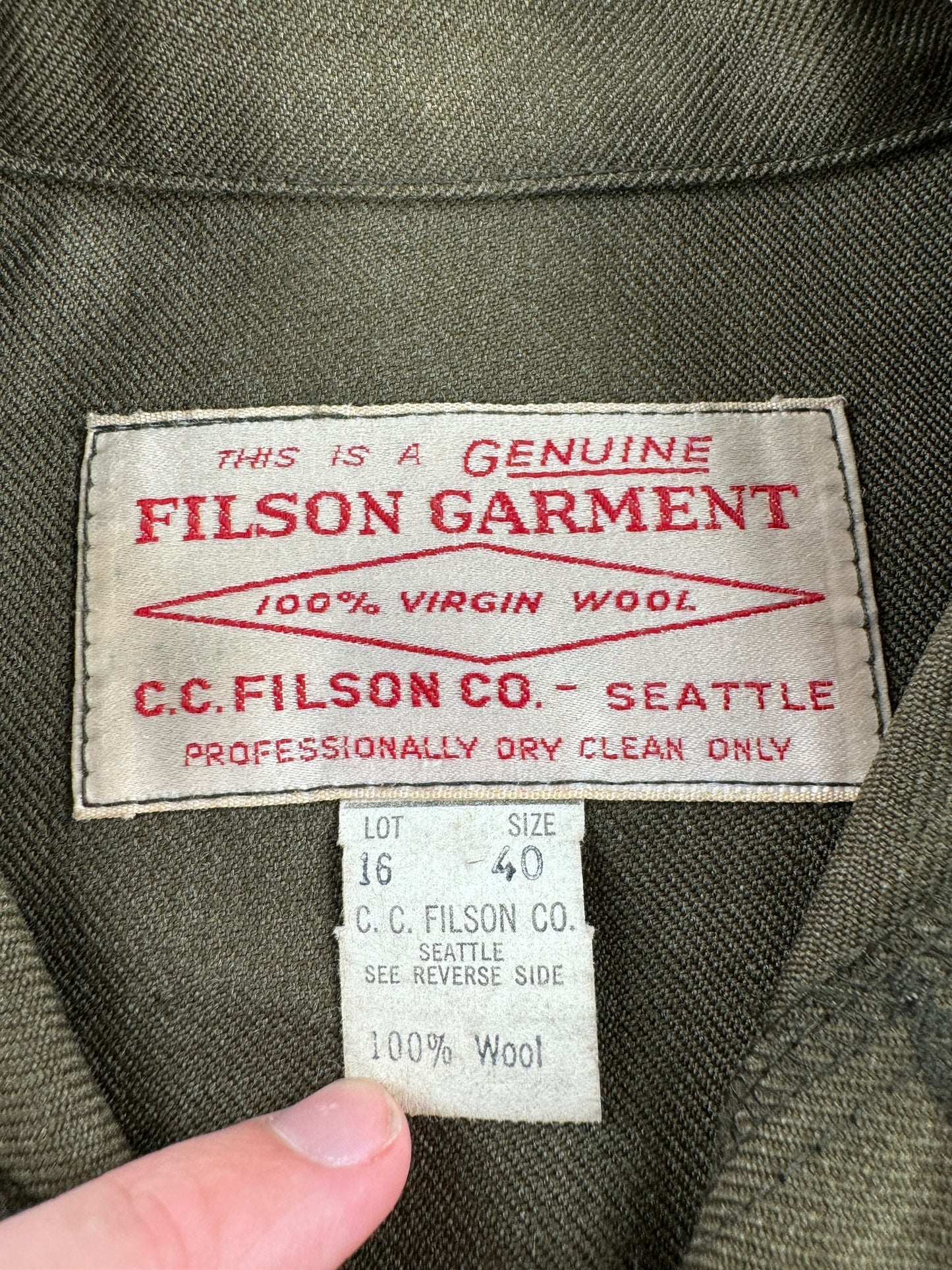 Tag on Vintage Filson Forestry Cloth Cruiser Jacket SZ 40