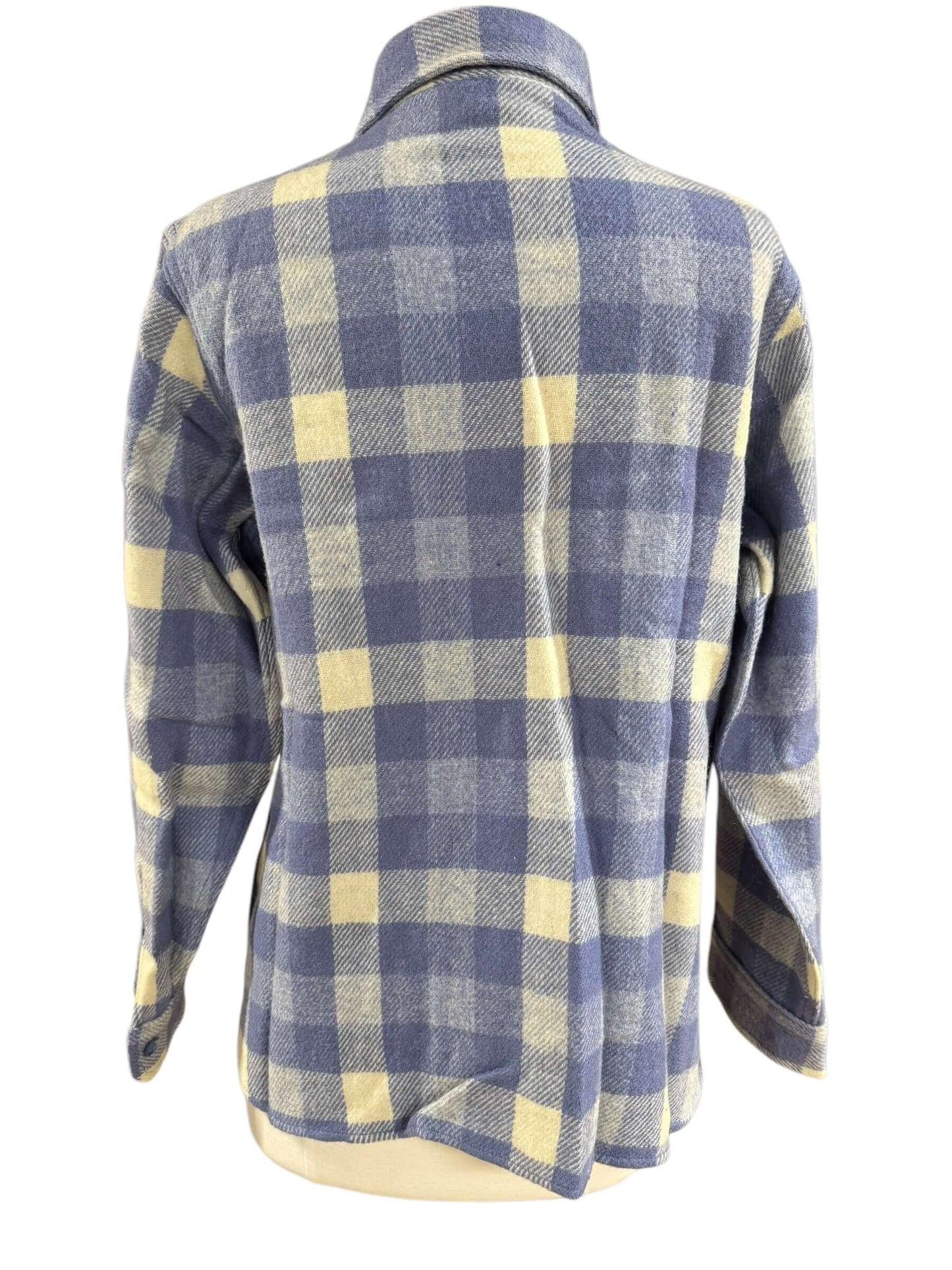 Back view of 1970s Blue/White "The Woolrich Woman" Flannel S-M