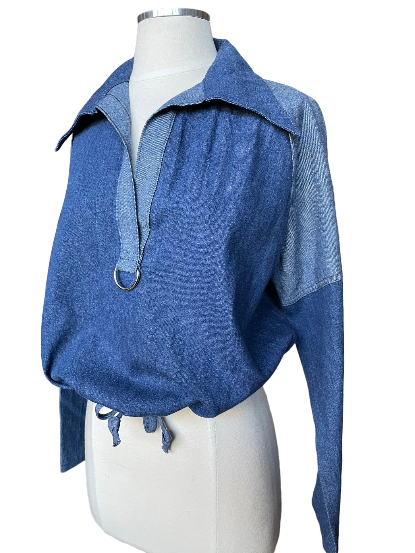 Front left side view of Vintage 1970s Pacific Play Togs Denim Pull Over | Vintage Shirts & Tops | Barn Owl Vintage Seattle