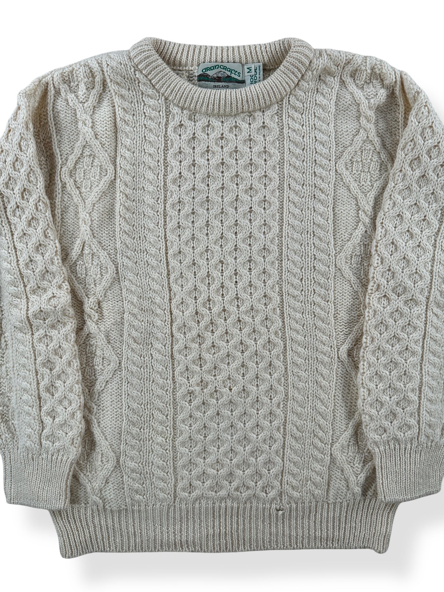 Front Close Up of Vintage Aran Crafts Cable Knit Wool Sweater SZ M