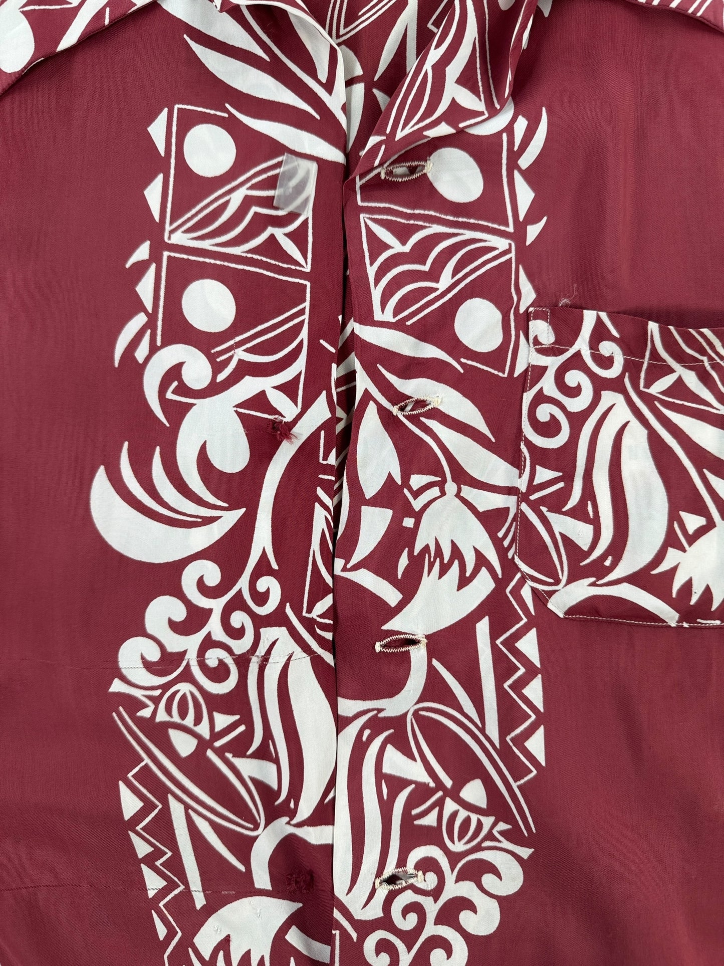 Missing Buttons on Vintage Made in California Border Print Aloha Shirt SZ L AS IS