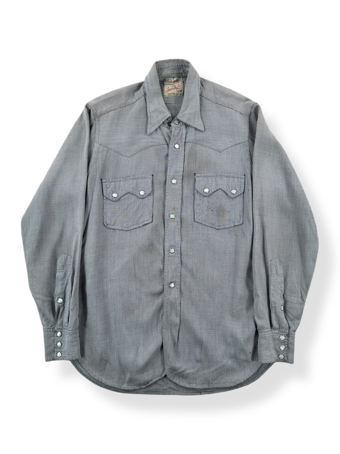Front of Vintage Pincheck Tex Style Gabardine Pearl Snap Shirt SZ S AS IS