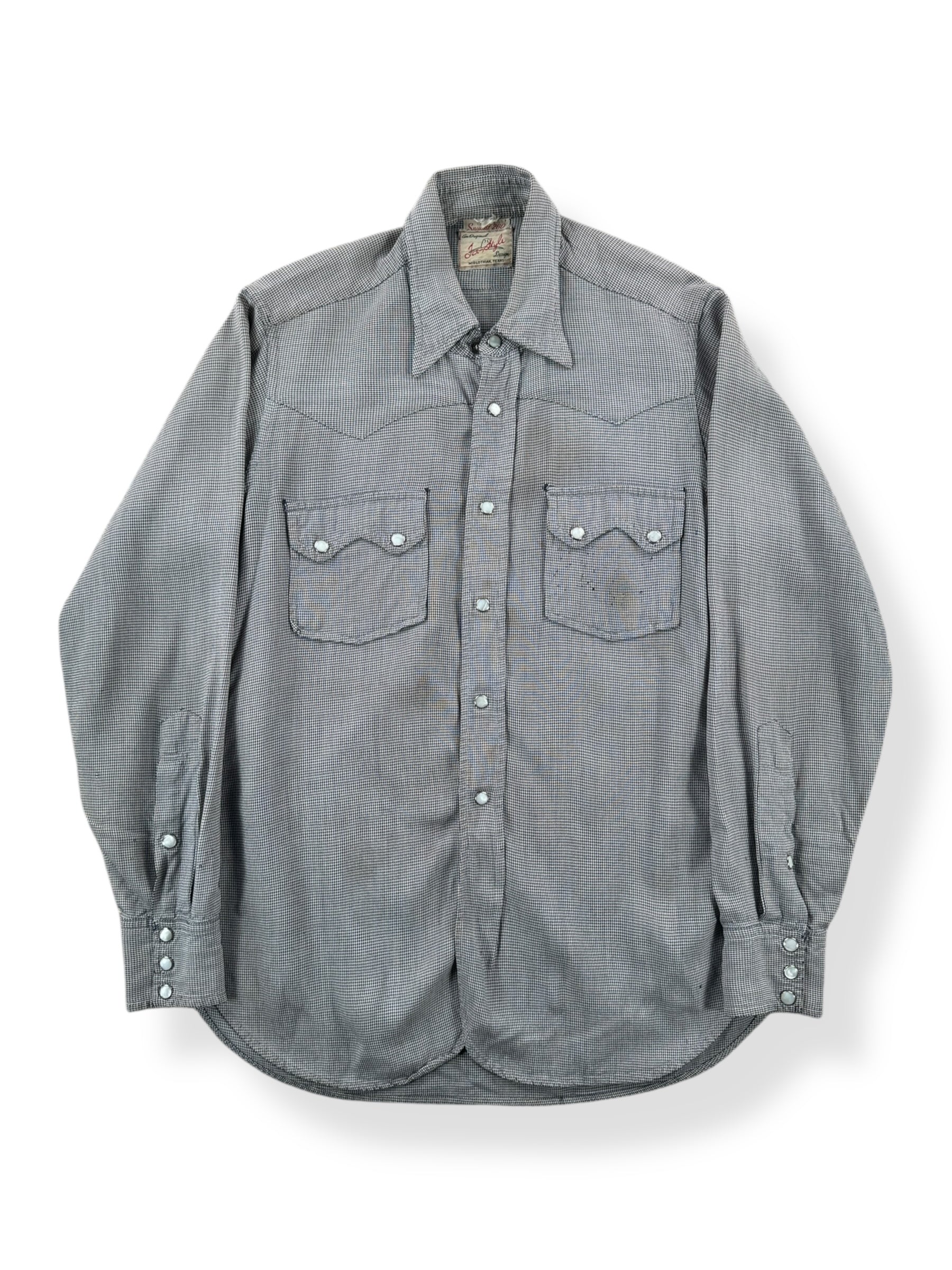 Front of Vintage Pincheck Tex Style Gabardine Pearl Snap Shirt SZ S AS IS