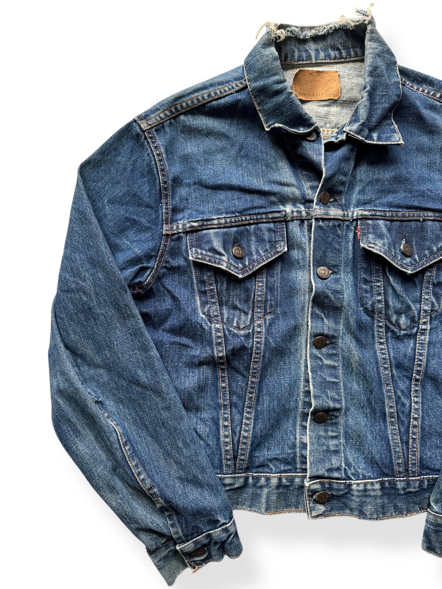Front Right of Vintage Big "E" Levis Type III Denim Trucker Jacket SZ 44 AS IS