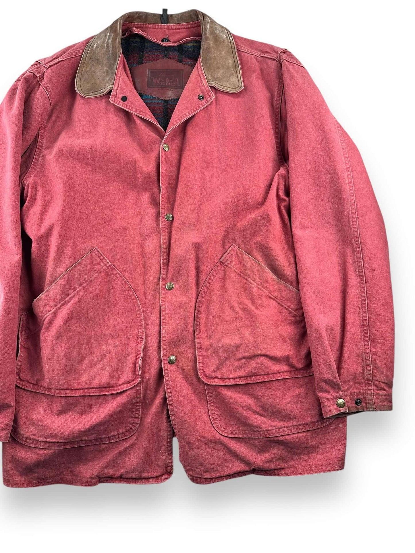 Front Left View of Vintage Woolrich Salmon Colored Barn Coat SZ XXL