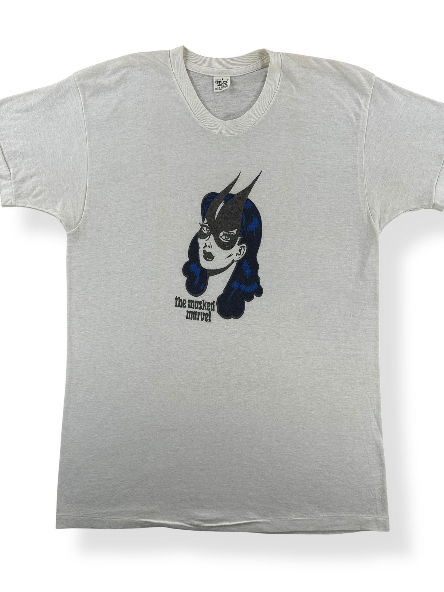 Front Close Up of Vintage The Masked Marvel Tee SZ M