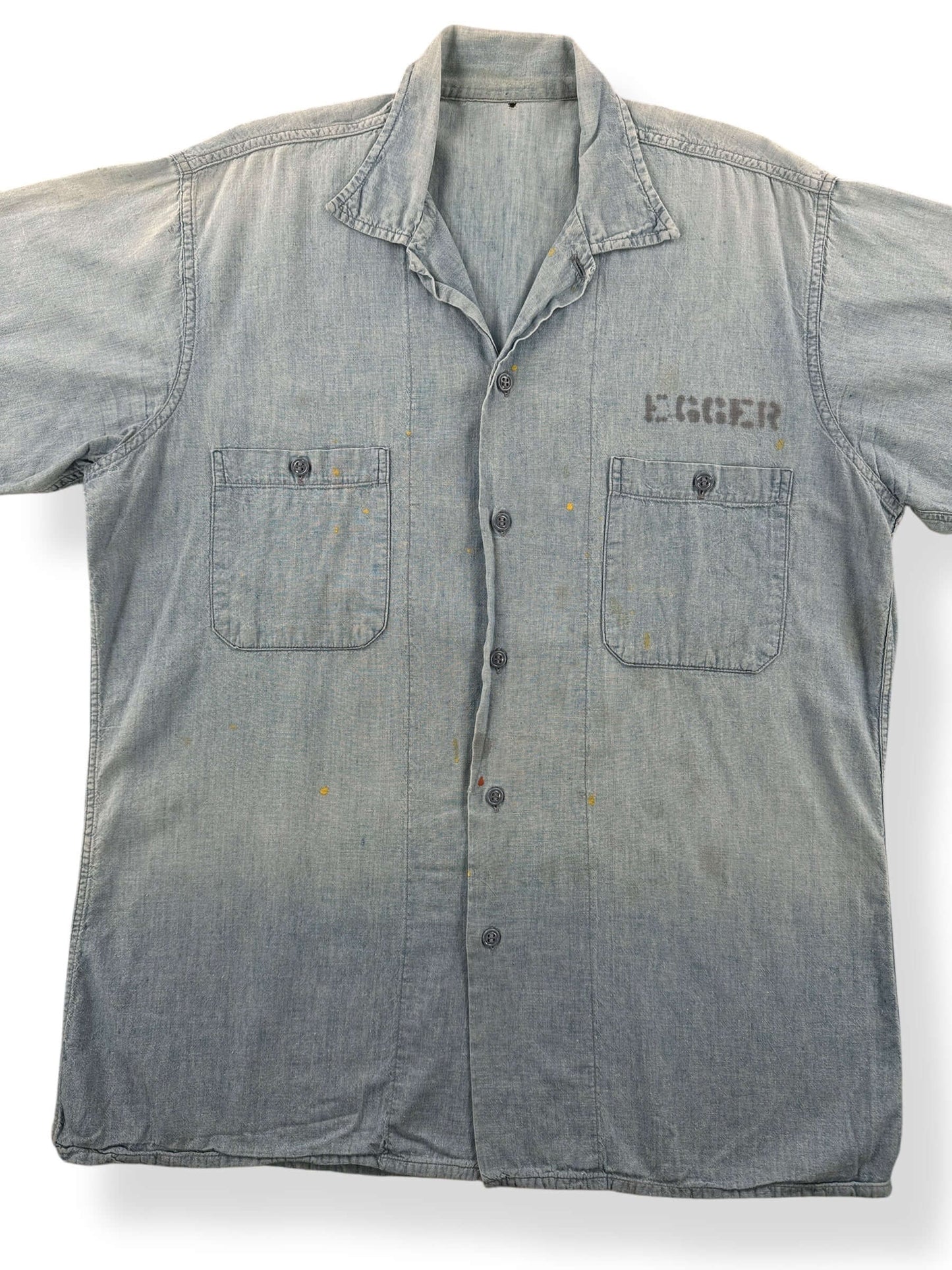 Front Close Up of Vintage Stenciled Military Chambray Shirt SZ L