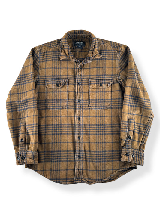 Front of Modern Filson Cotton Work Flannel Olive Brown Black SZ L