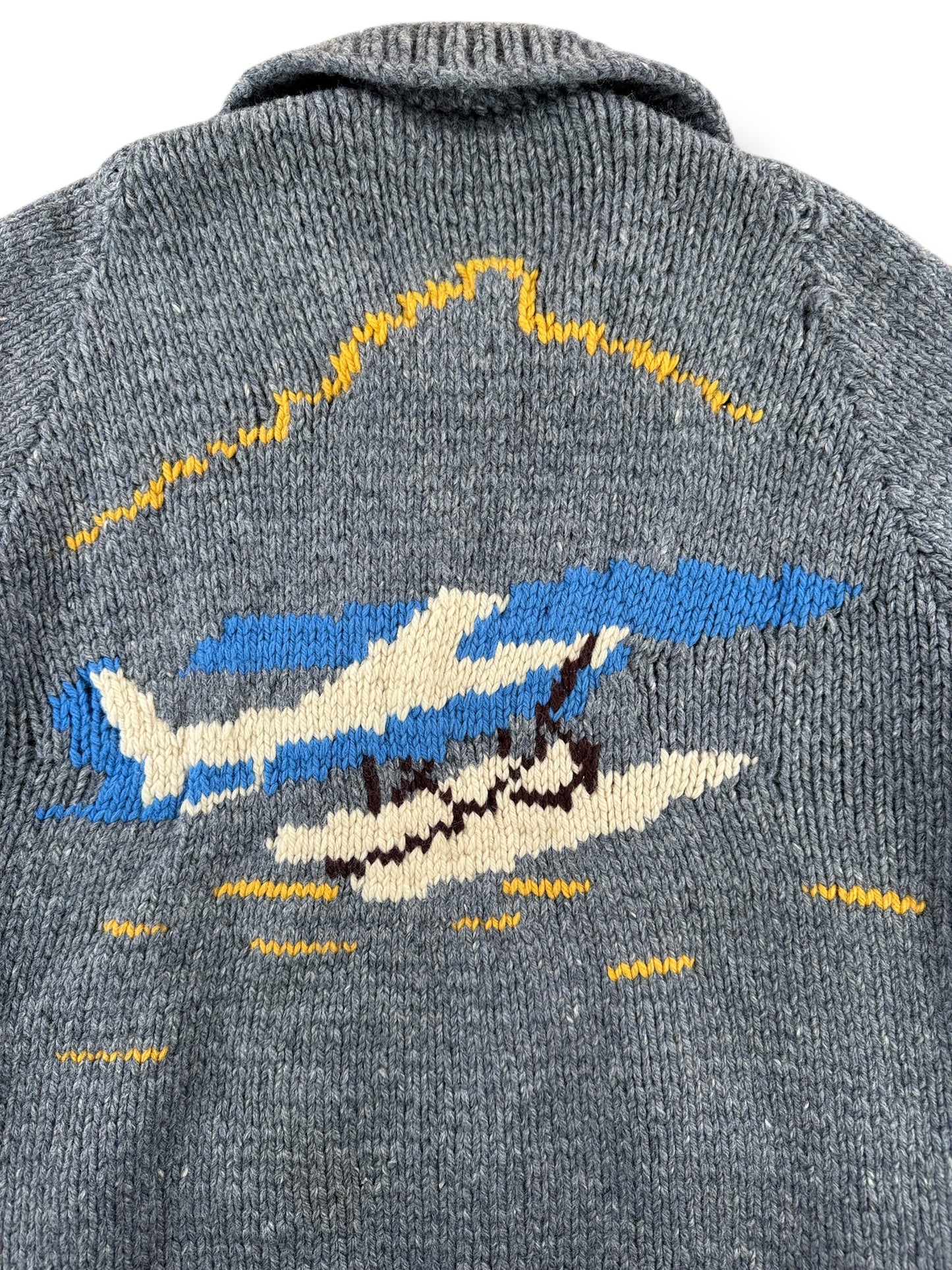 Back Graphic of Vintage Alaska Bush Plane Cowichan Style Sweater SZ XL