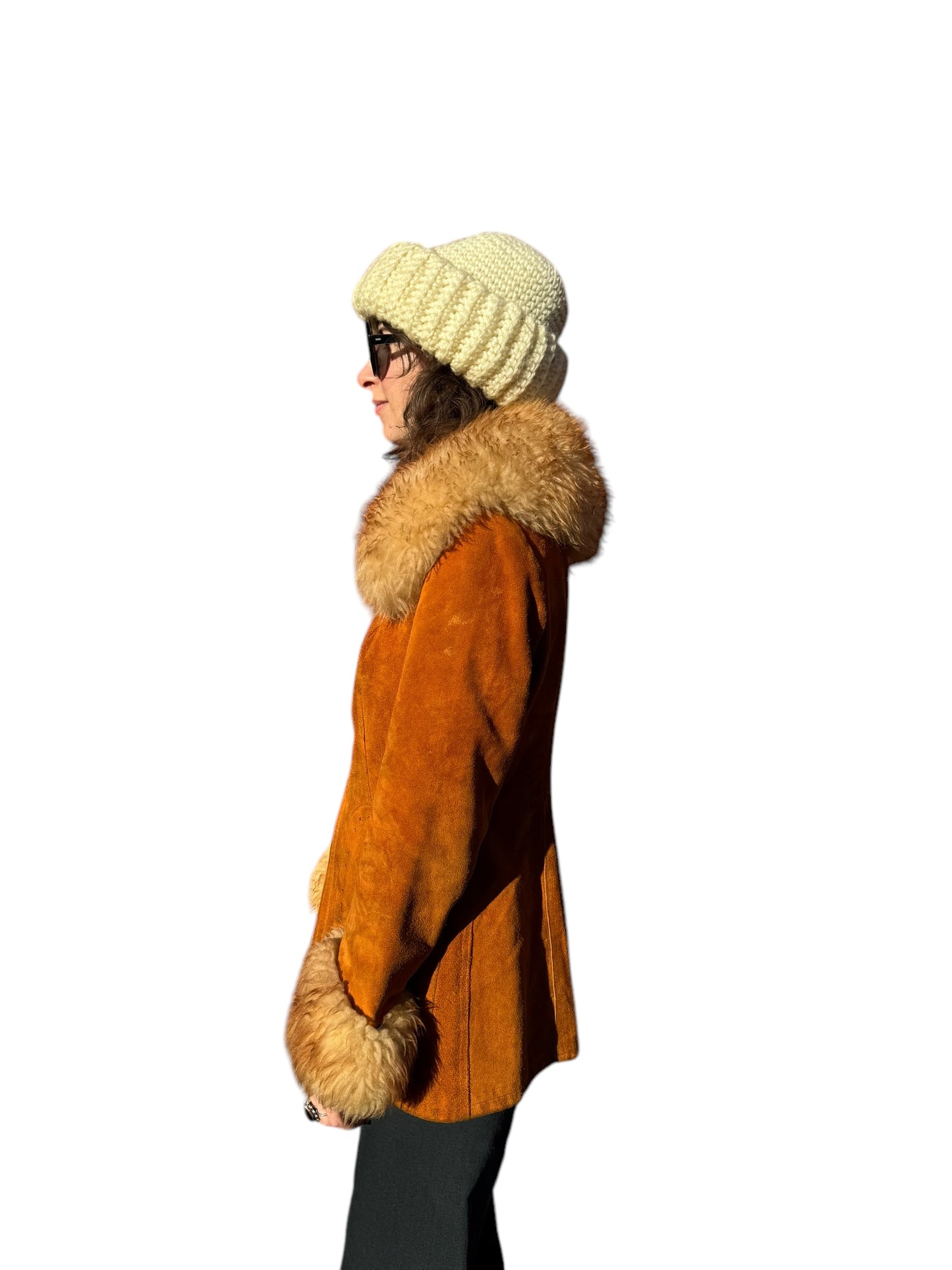 Side view of Vintage Suede and Fur Penny Style Lane Coat SZ 8