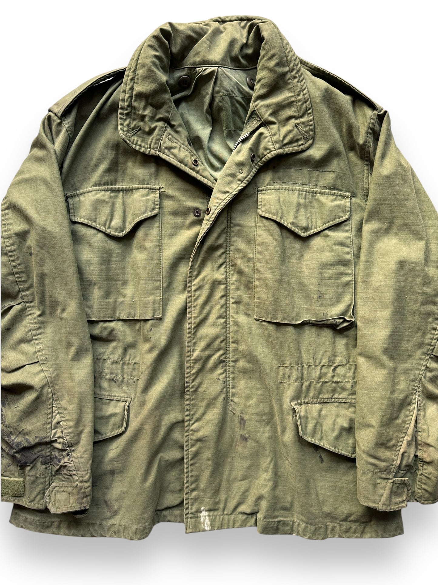 front close up of Vintage Stained M-65 Field Jacket SZ L