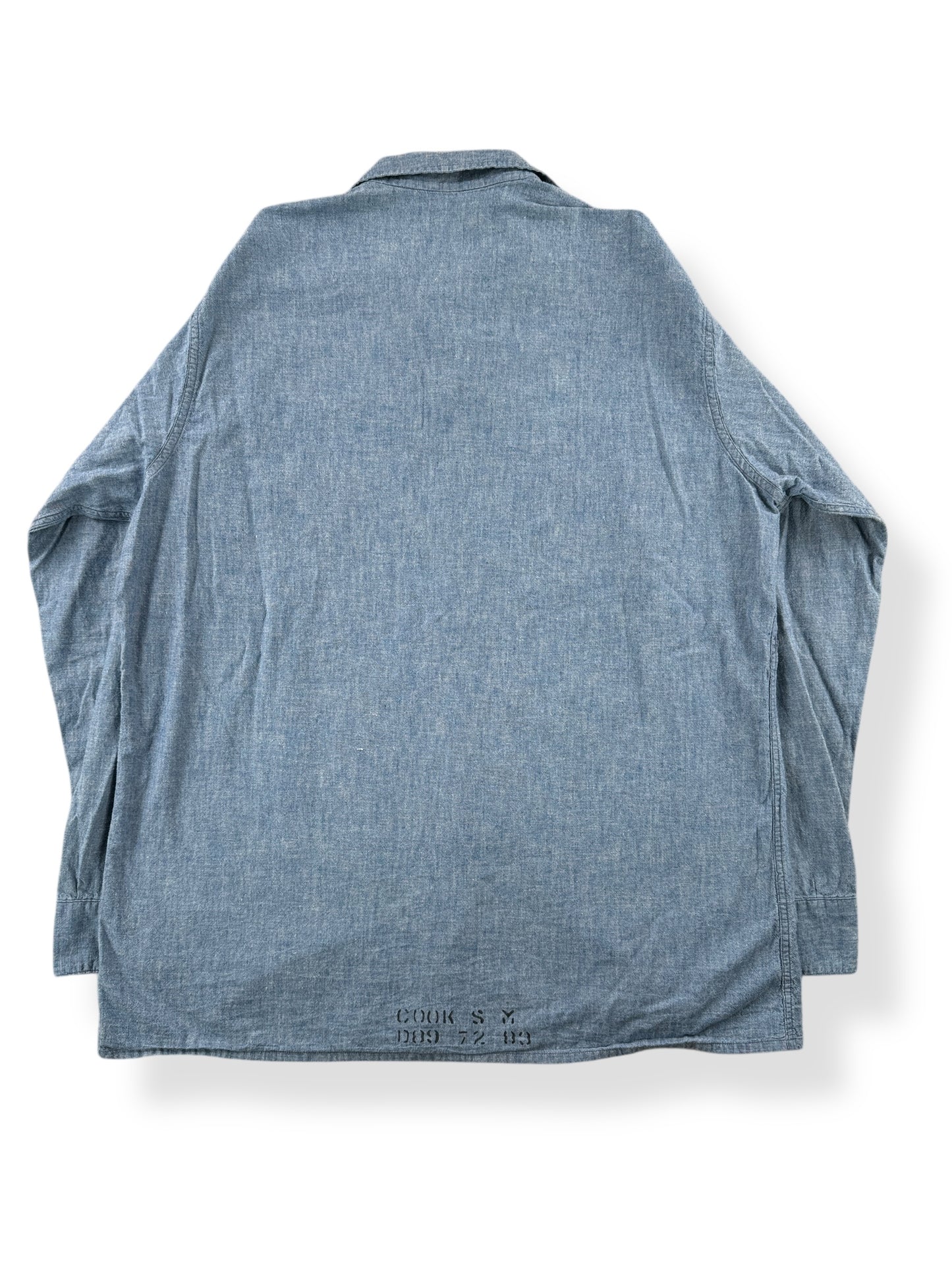 Back of Vintage 60’s Vietnam US Navy Denim Chambray Shirt SZ XL