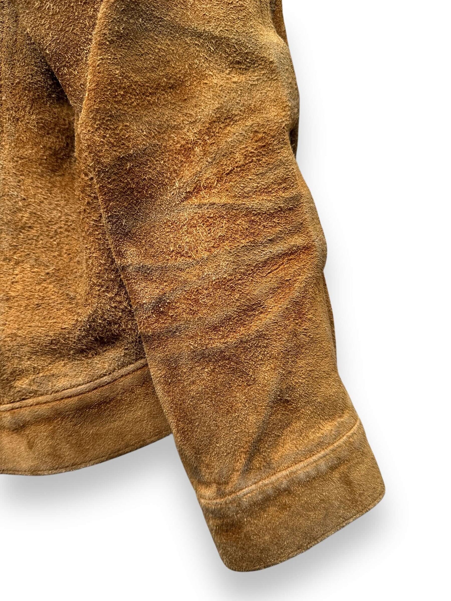 fading on left sleeve of Vintage Levi's Big E Type III Suede Split Cowhide Trucker Jacket SZ S-M
