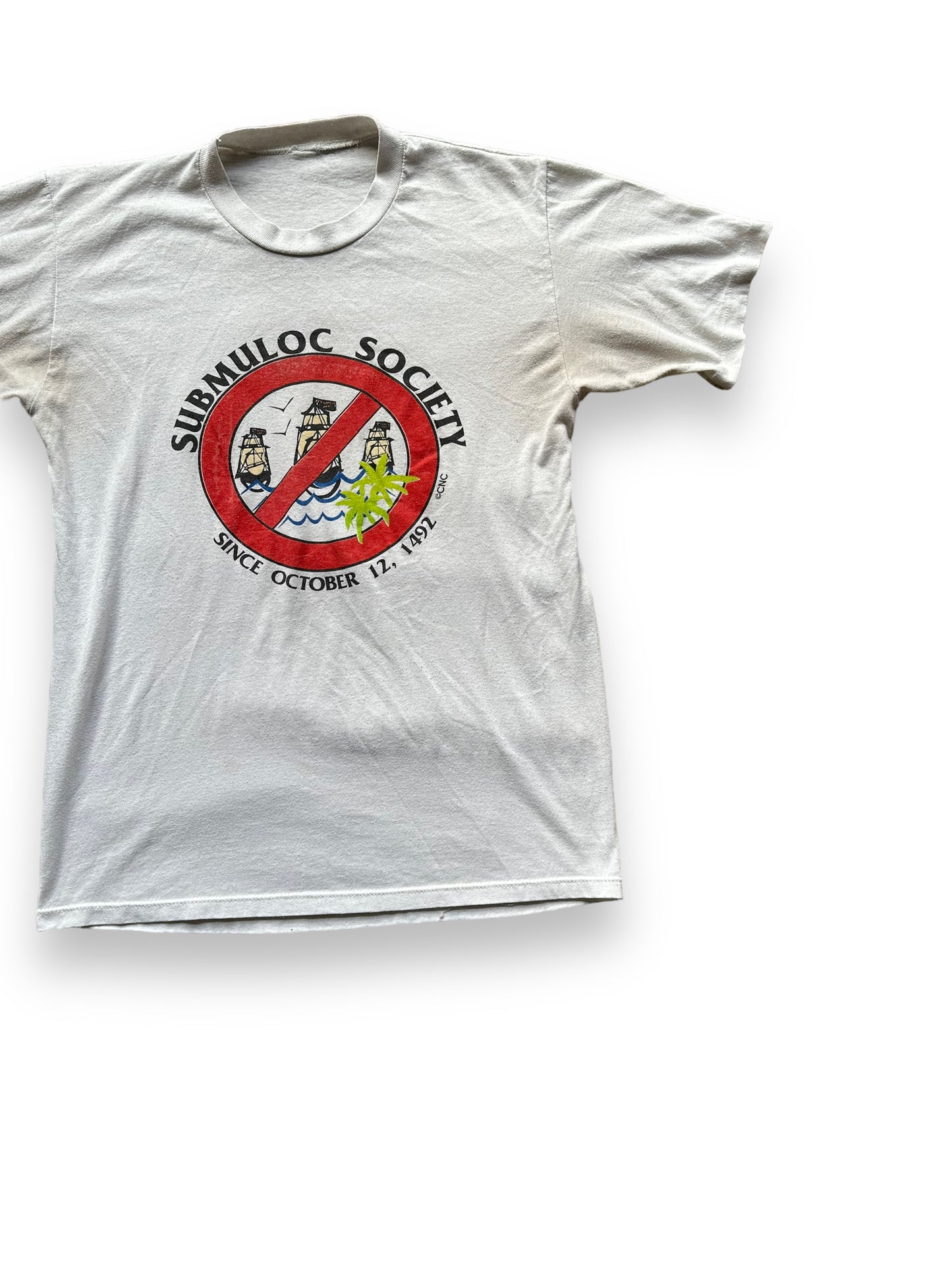 Left Front View of Vintage Submuloc First Nations Anti-Columbus Tee SZ M | Vintage Graphic T-Shirts Seattle | Barn Owl Vintage Tees Seattle