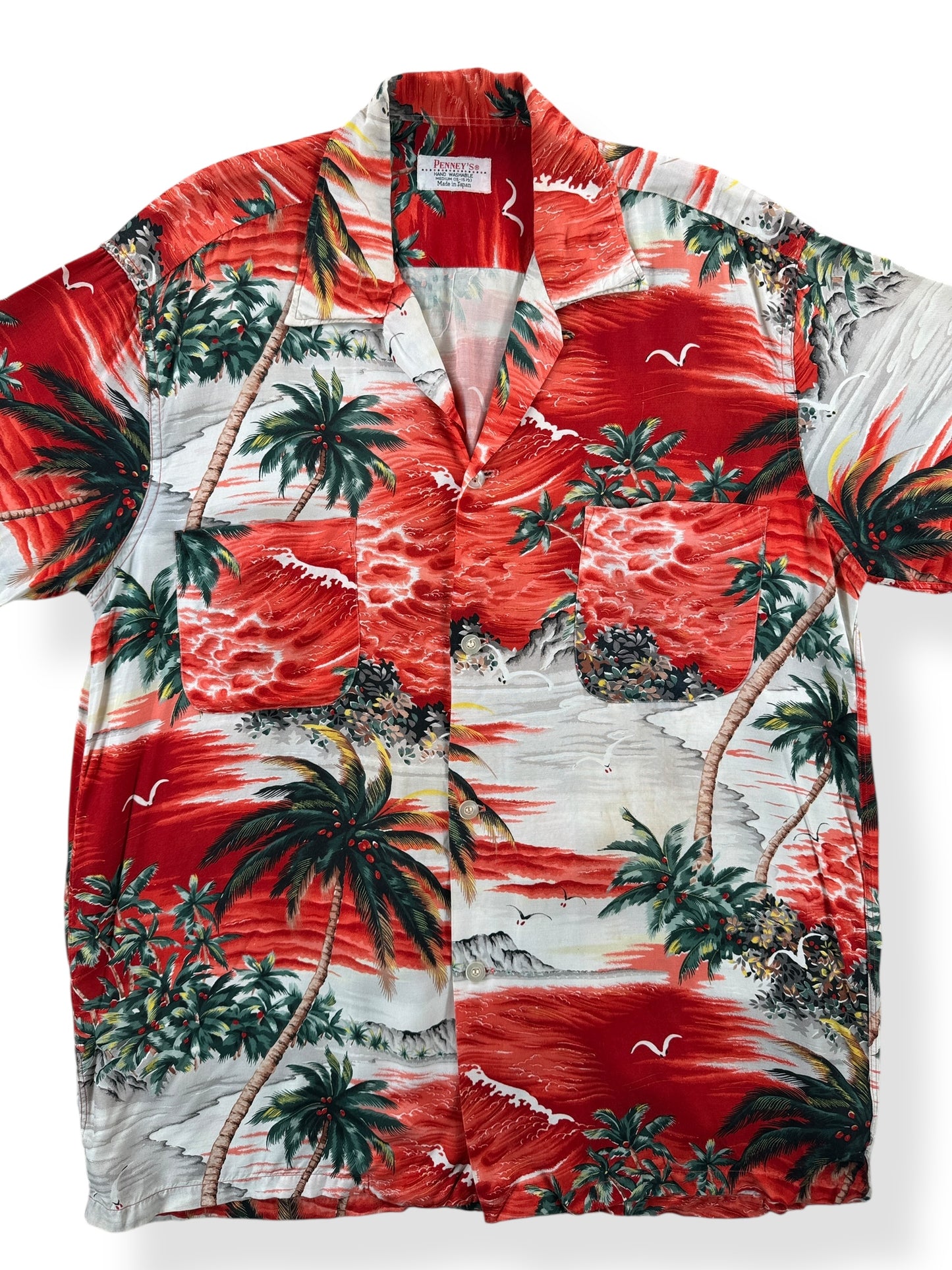Front Close Up of Vintage Penney's Palm Tree Aloha Shirt SZ M
