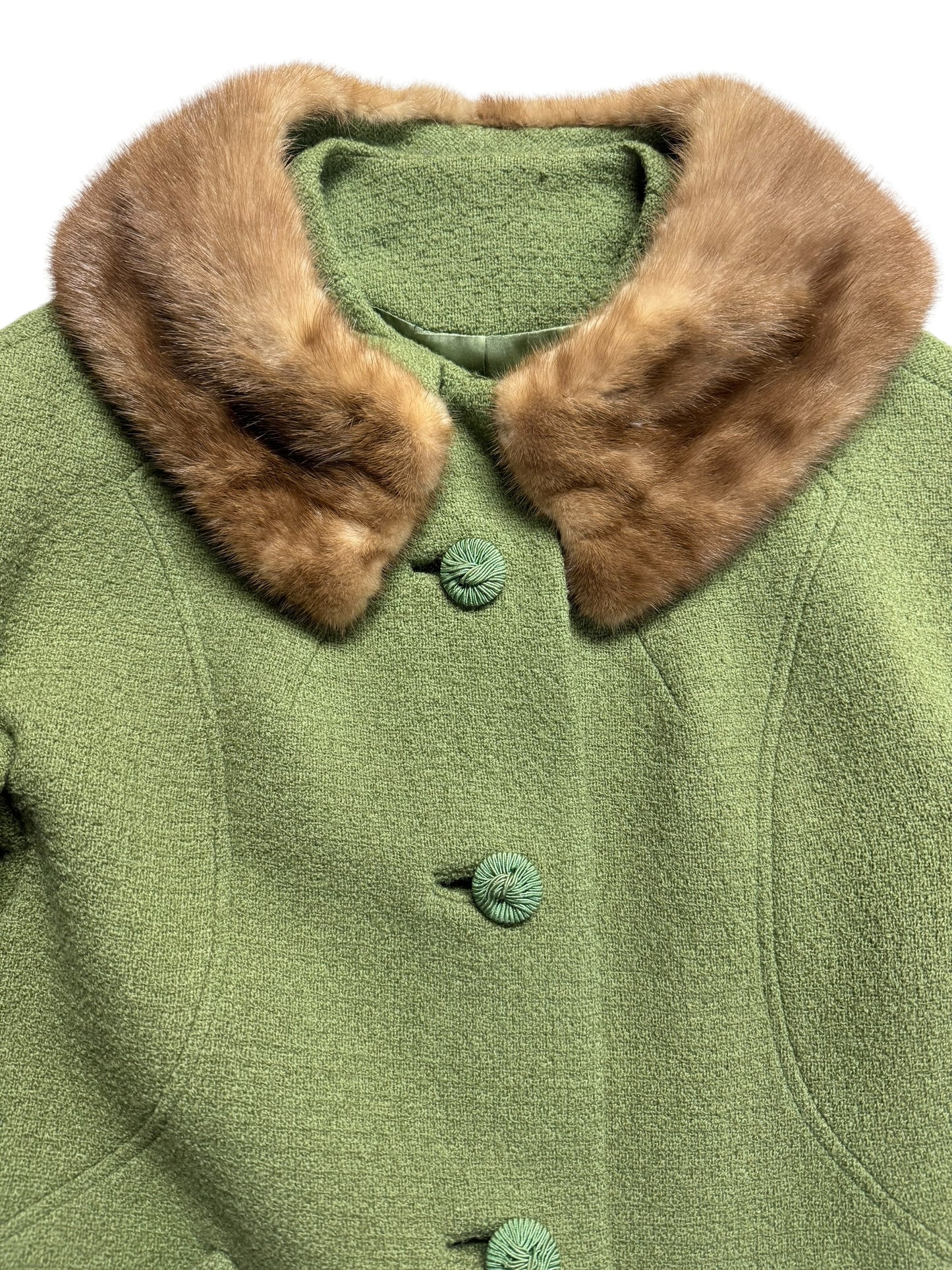COllar view of 1950s Mink Collar Sage Green Coat M