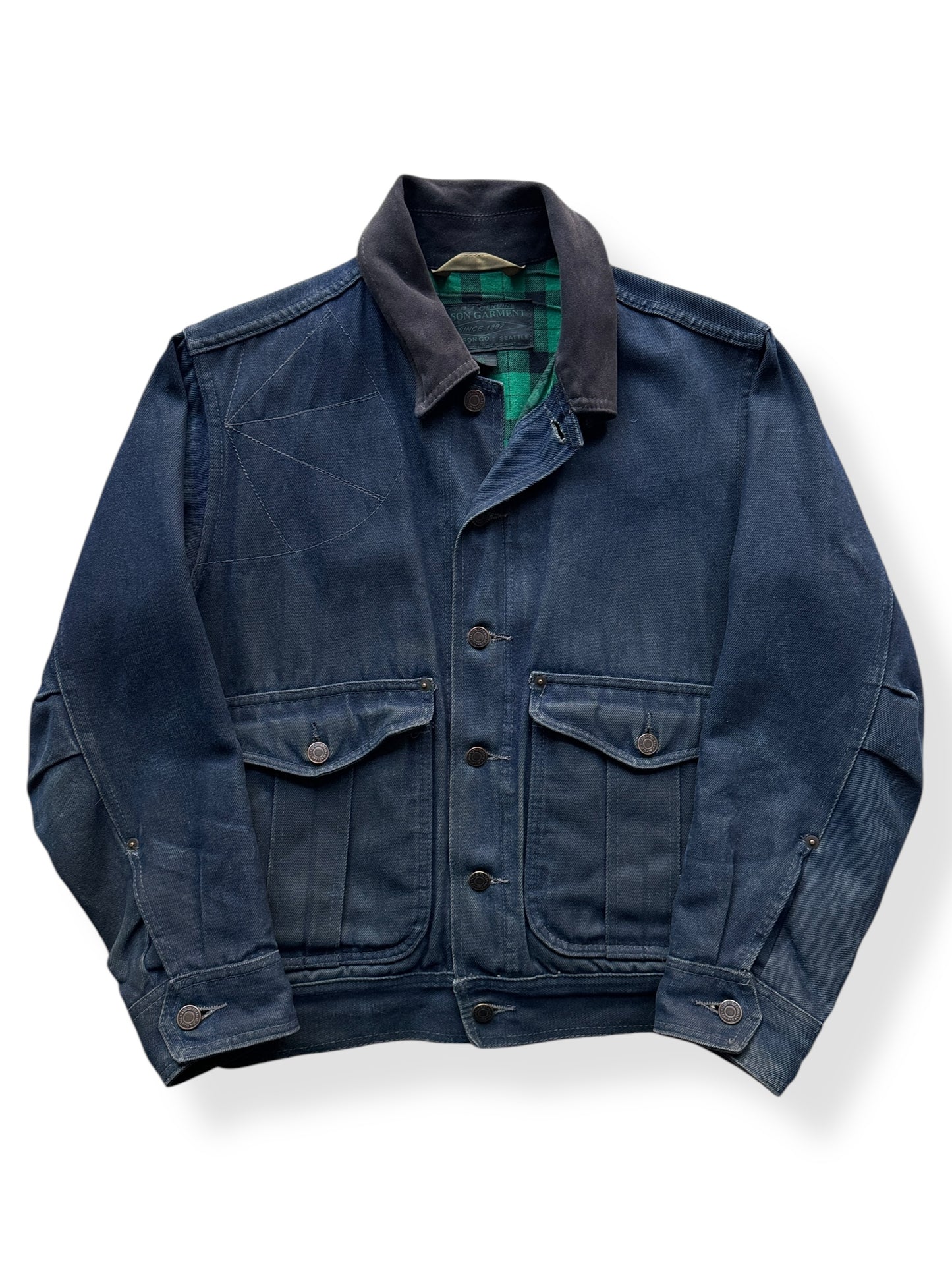 Front of Filson Black Label Belltown Waxed Denim Jacket SZ XS