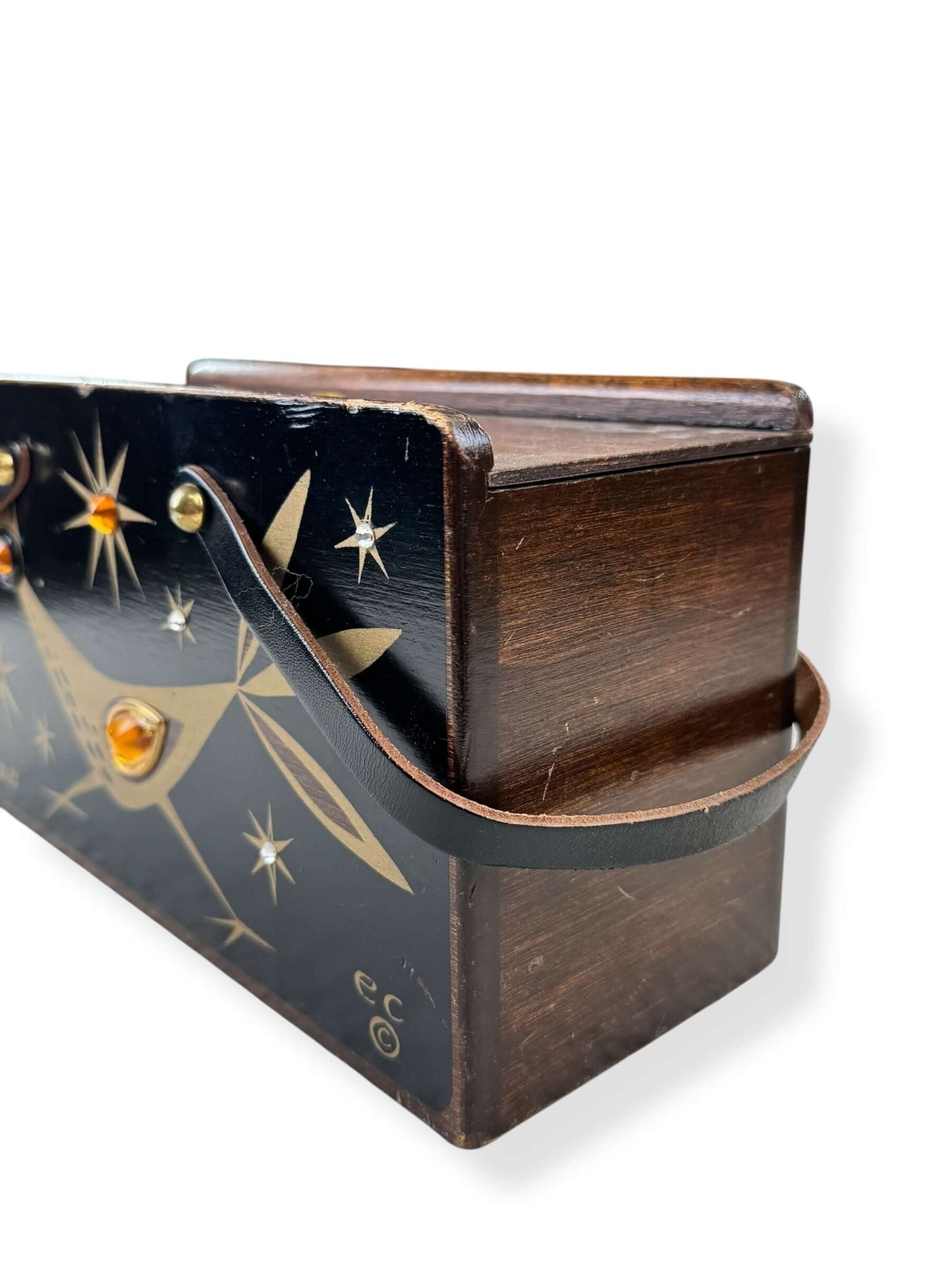 Side view of 1964 Enid Collins Paisano Roadrunner Box Purse