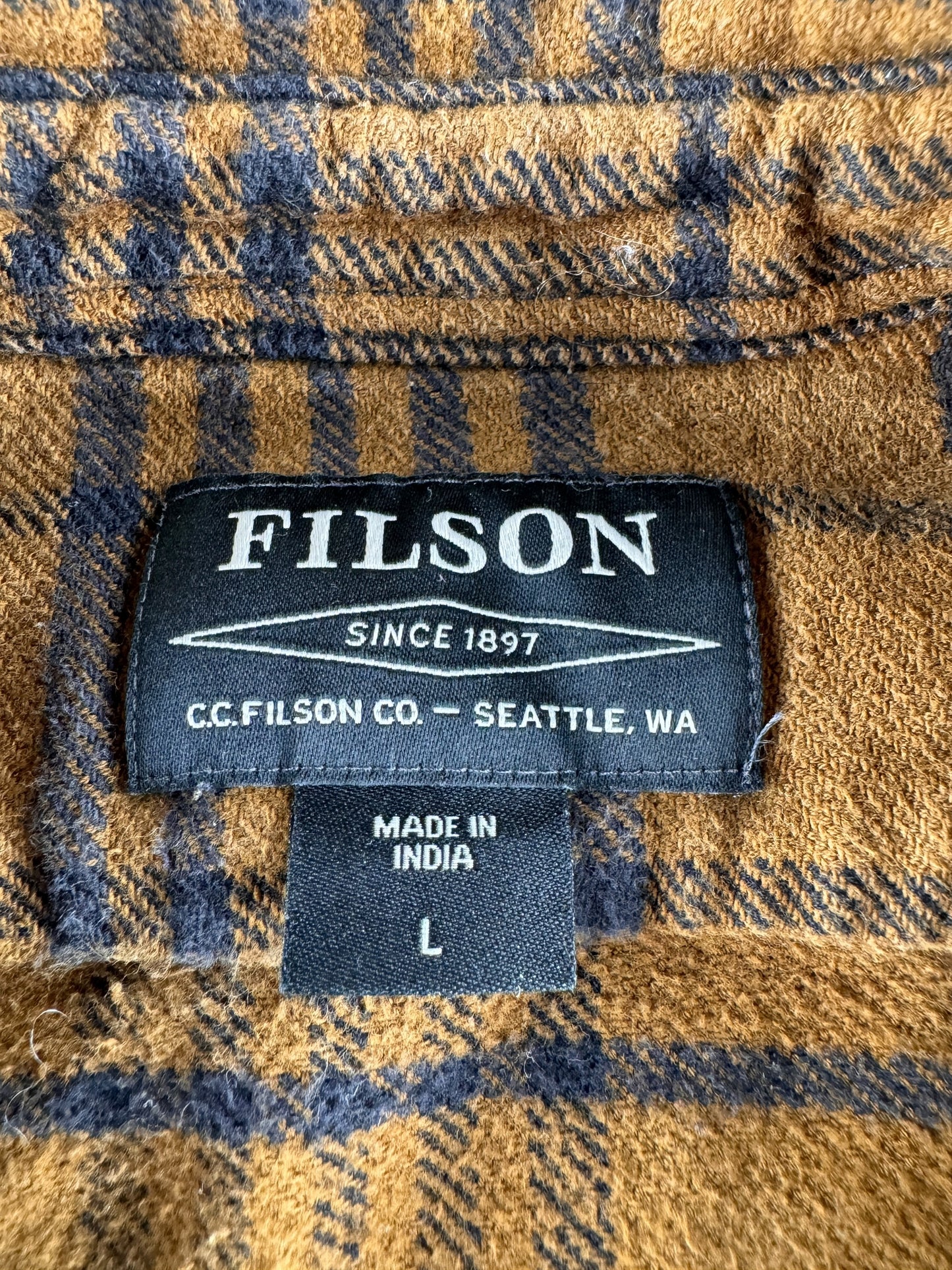 Tag on Modern Filson Cotton Work Flannel Olive Brown Black SZ L