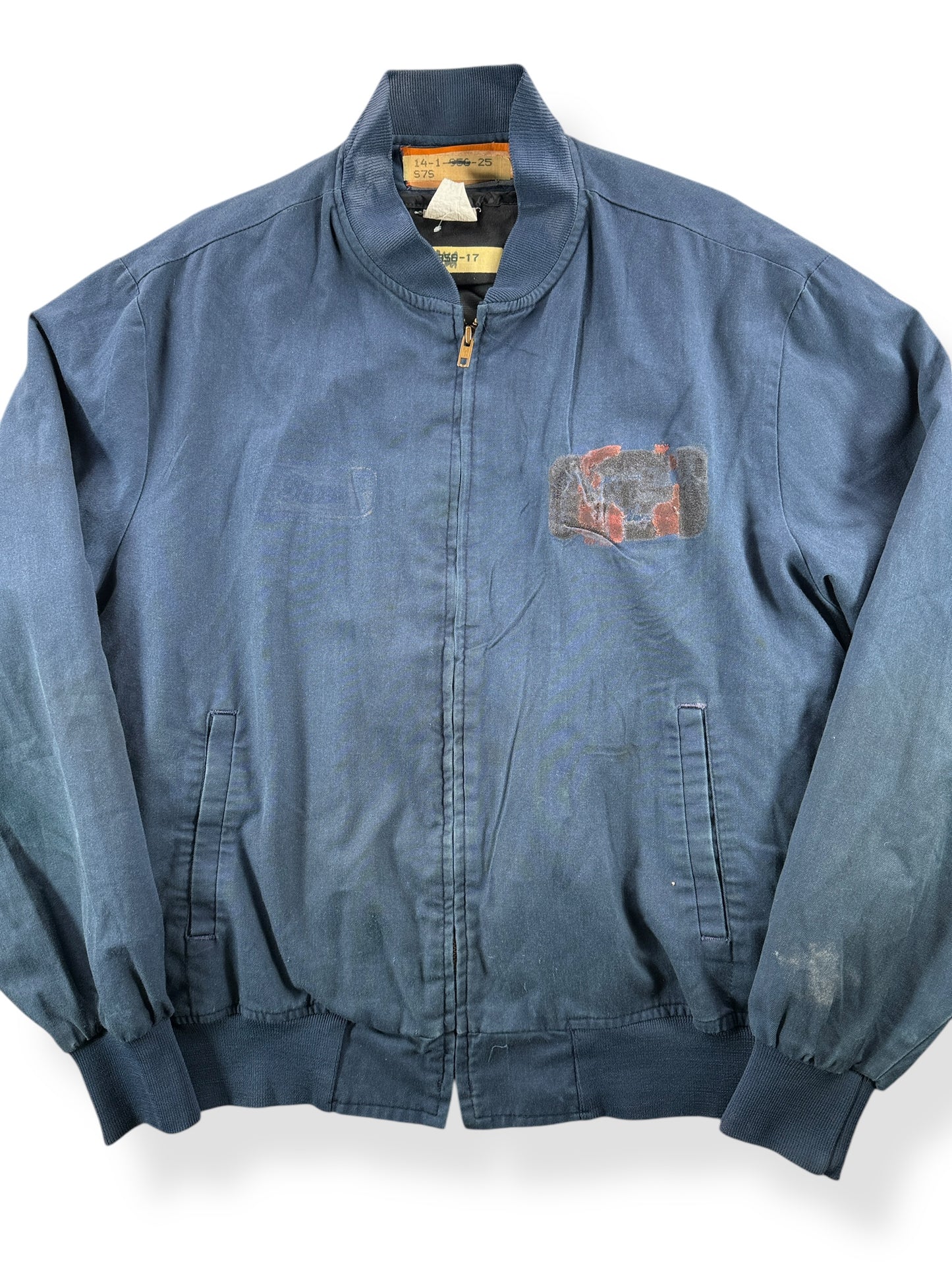Front Close Up of Vintage Bomber Style Blue Quilted Red Kap Jacket SZ M