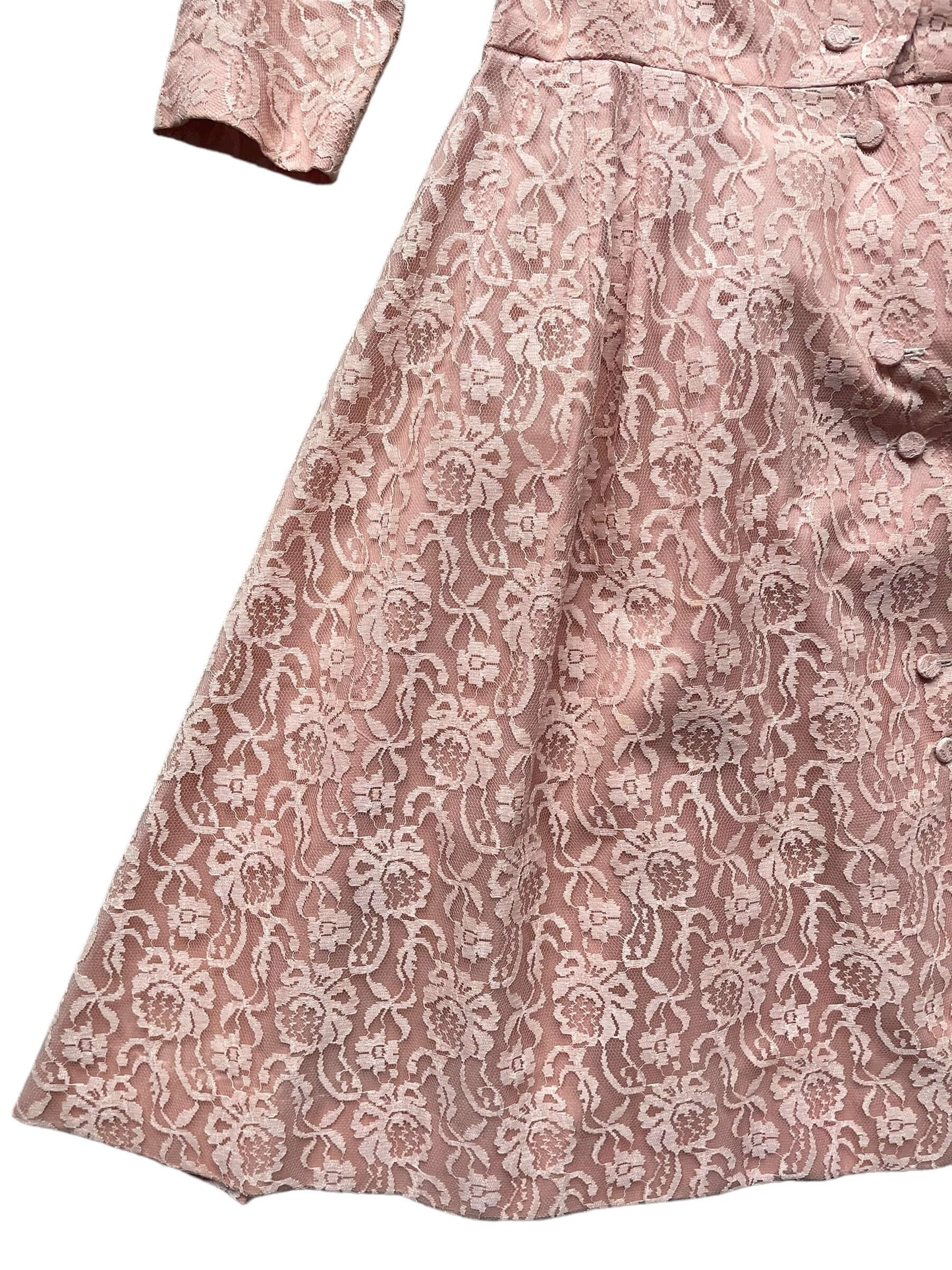 Front right side skirt view of Vintage 1950s Handmade Pink Lace Formal Dress | Barn Owl Vintage Dresses | Seattle Vintage Ladies Clothing