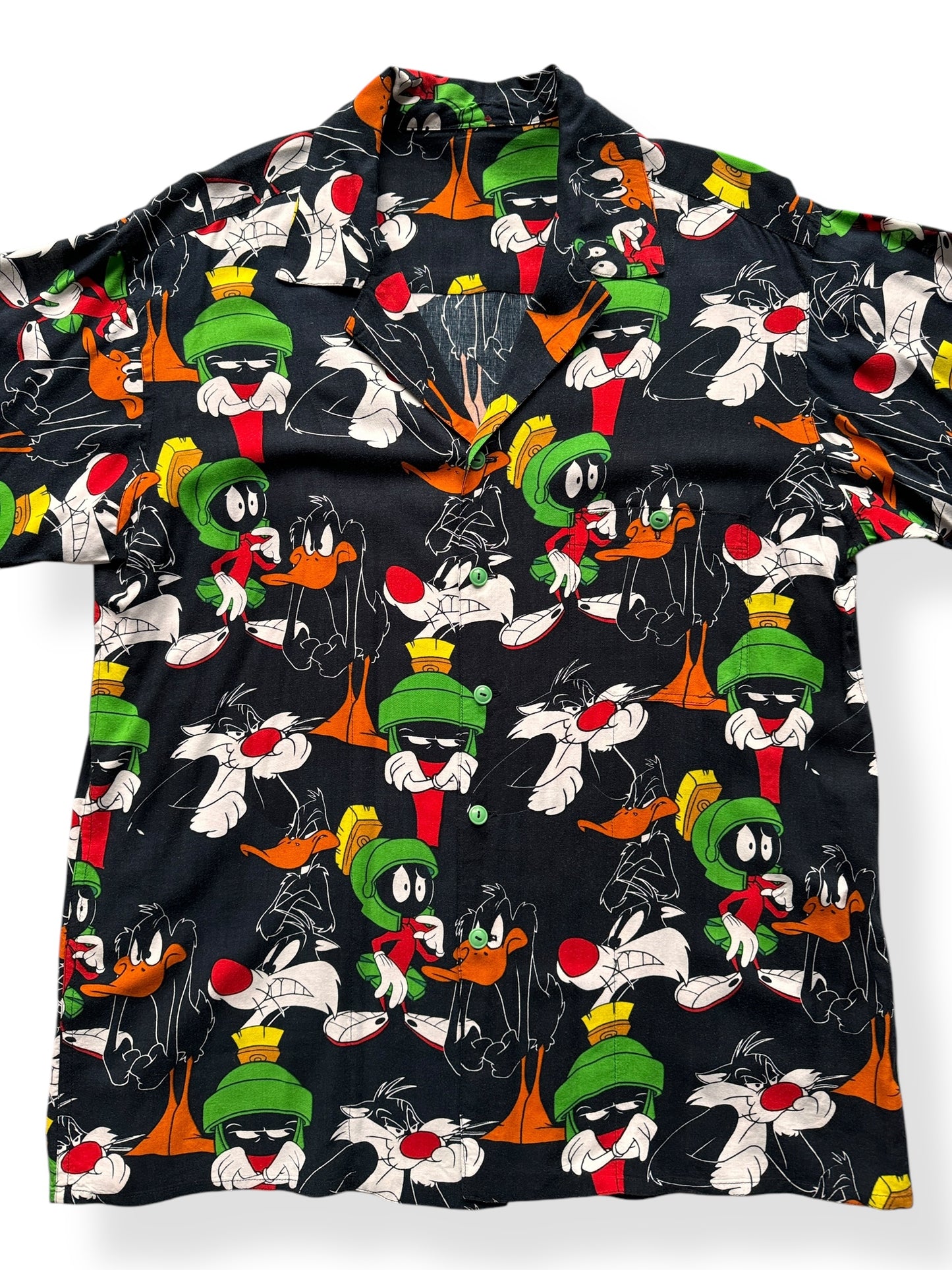 Front Close Up of Vintage Black Marvin the Martian Daffy Button Up SZ XL
