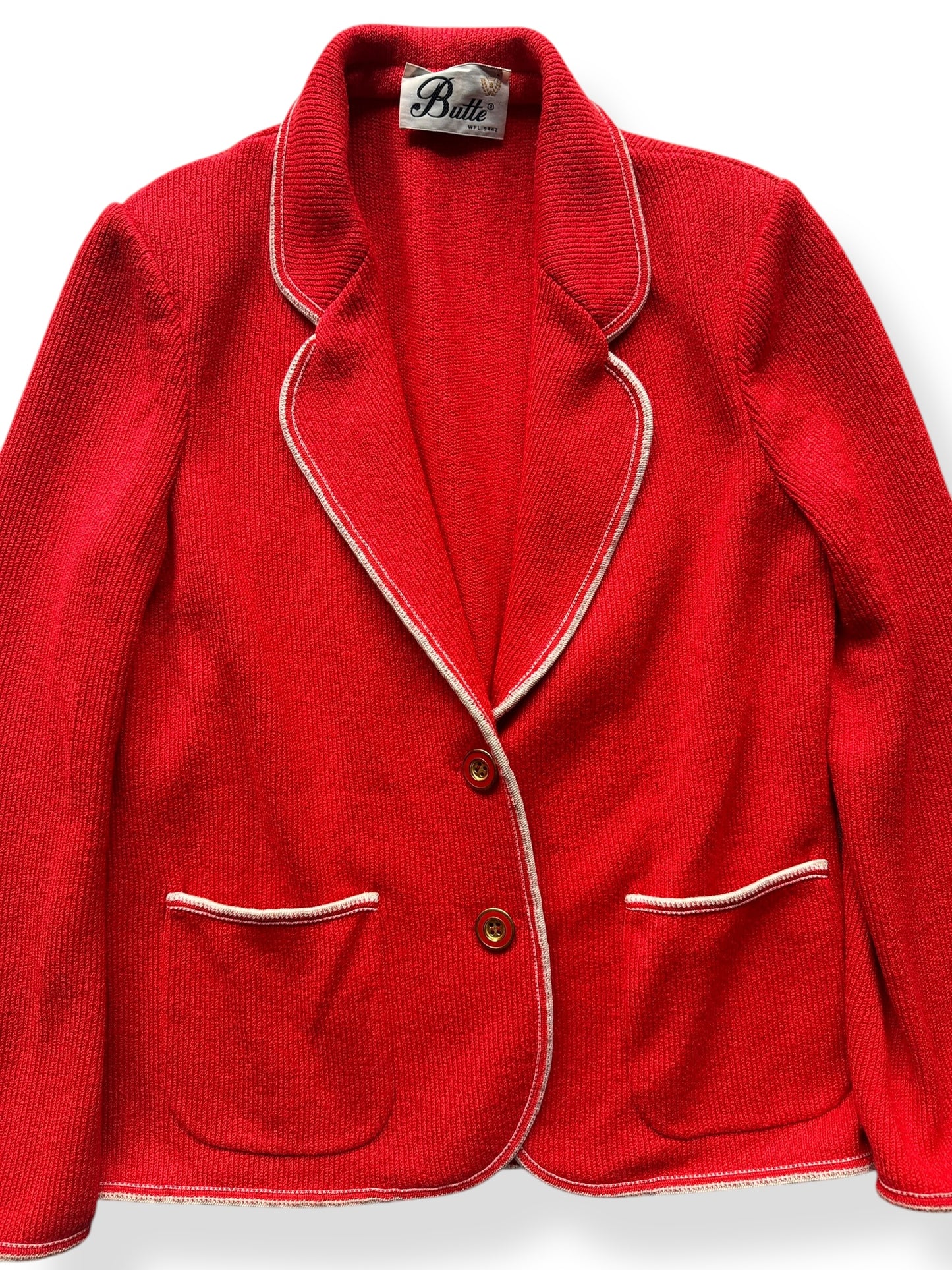 Front Close Up of Vintage Ladies Butte Red Knit Blazer Top SZ S