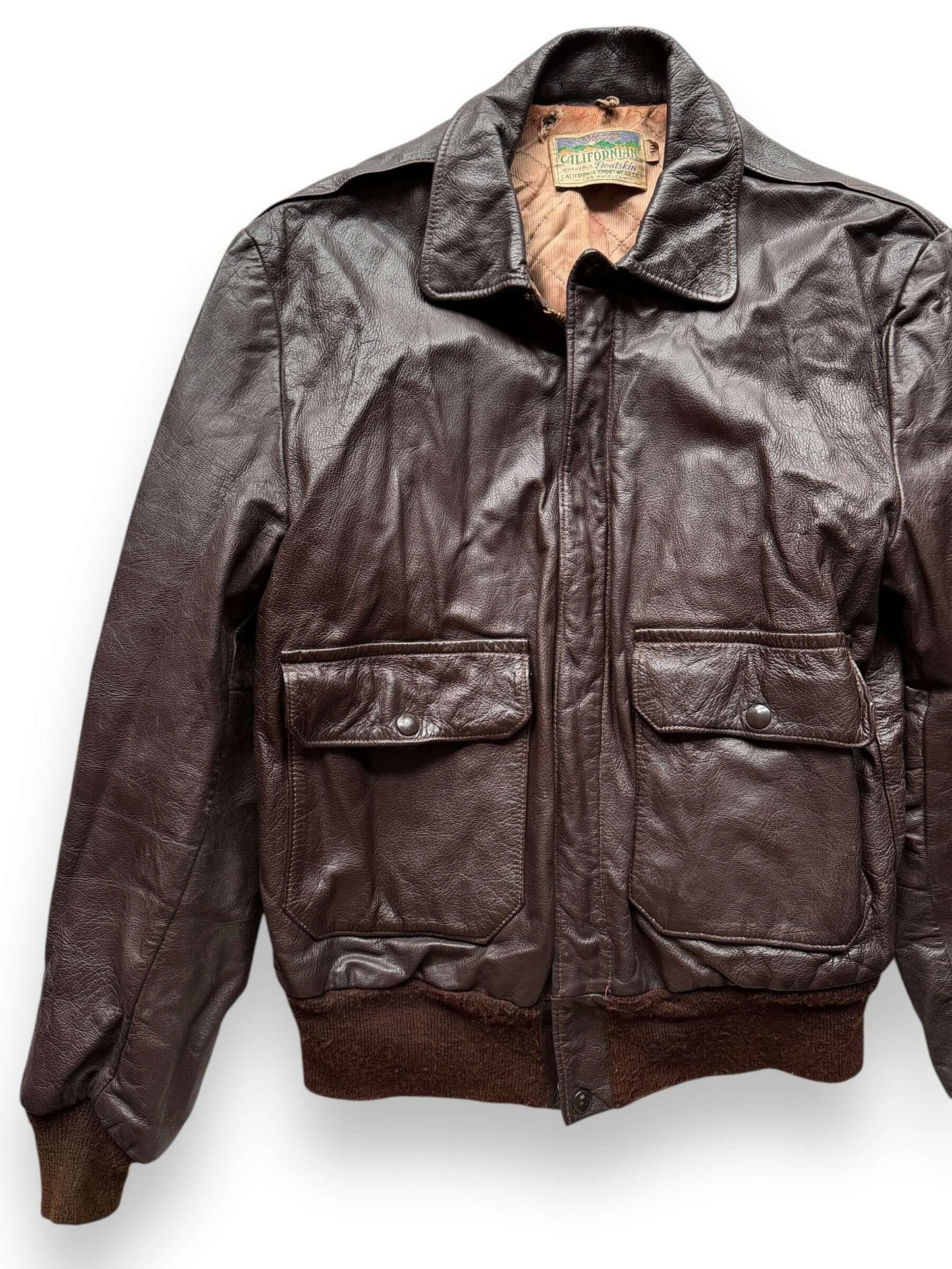 front right of Vintage 30s/40s Era Californian Goatskin A-2 Leather Jacket SZ 40