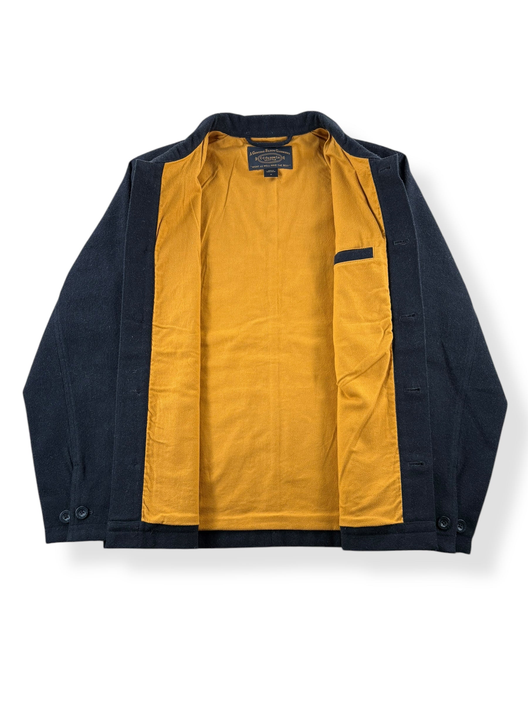 Inside of Modern Filson Black Wool Chore Coat SZ M