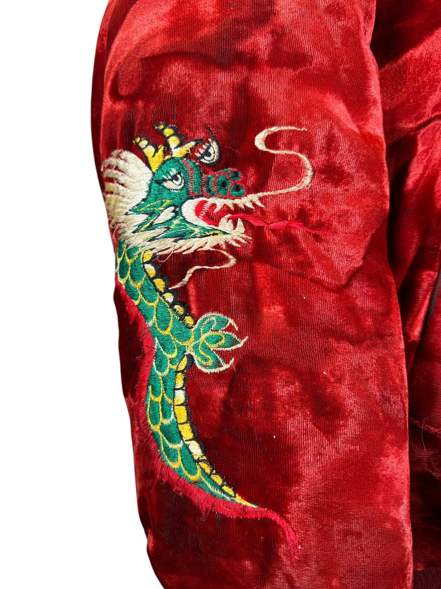 Sleeve Embroidery on Vintage 80s Era Velvet Korea Souvenir Bomber Jacket SZ L