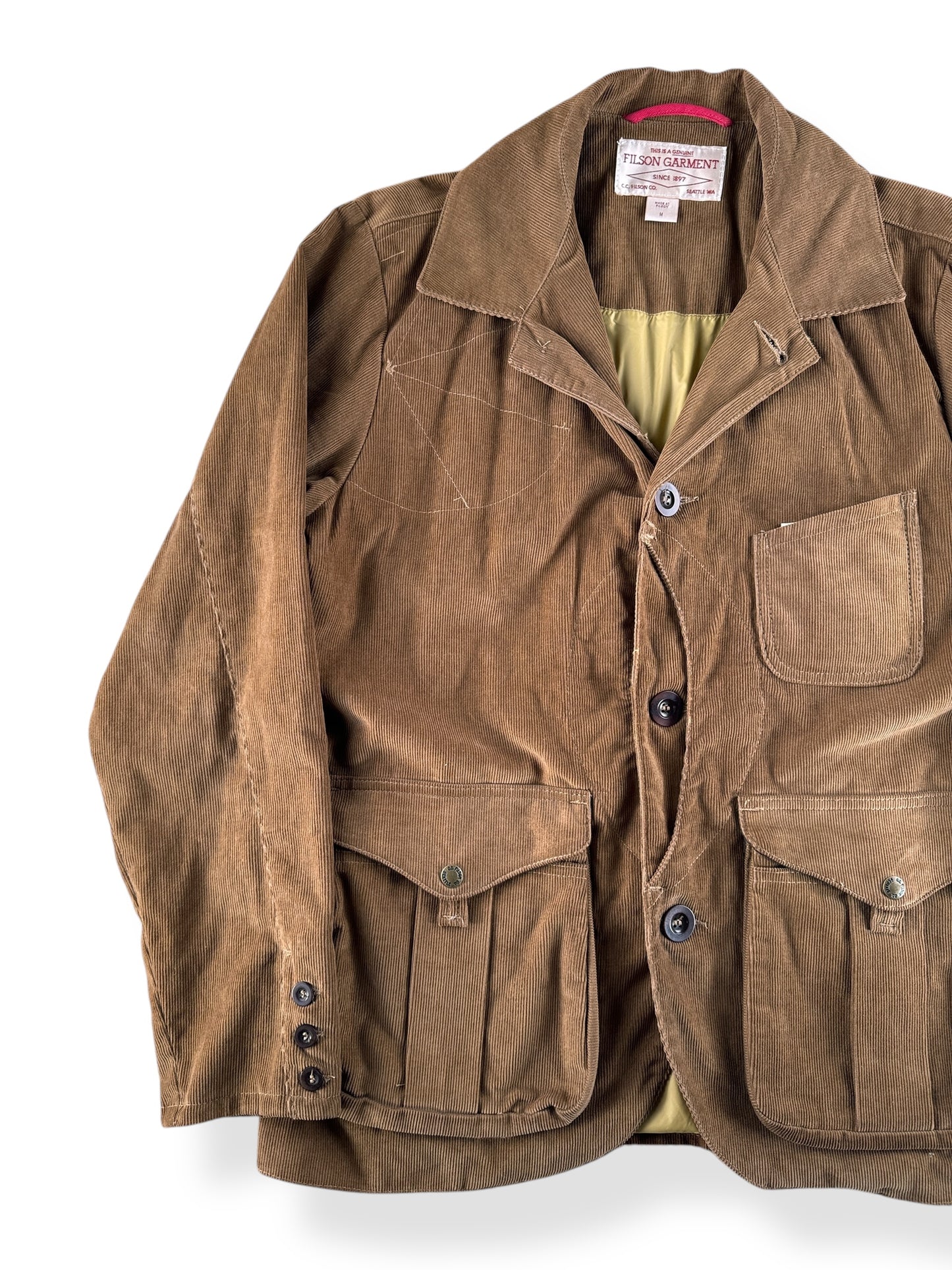 Front Right of Filson Corduroy Dark Tan Guide Work Jacket SZ M