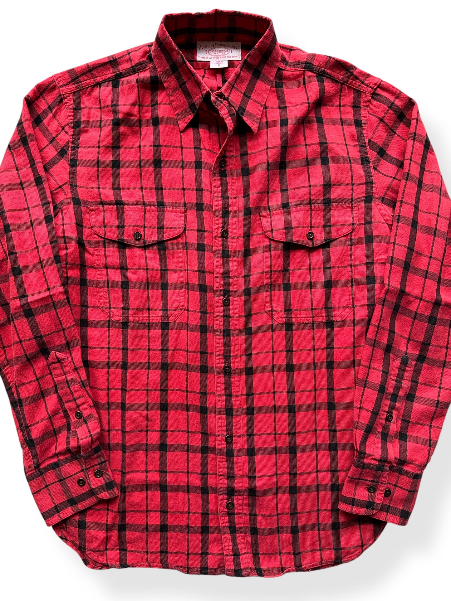 Front Close Up of Filson Lightweight Red & Black Cotton Flannel SZ S