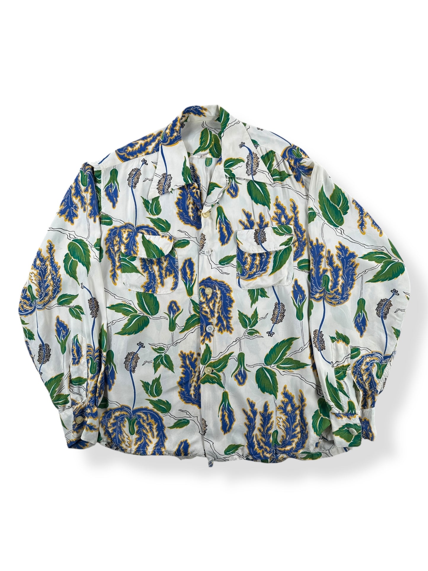 Front of Vintage Long Sleeve Rayon Aloha Shirt SZ L