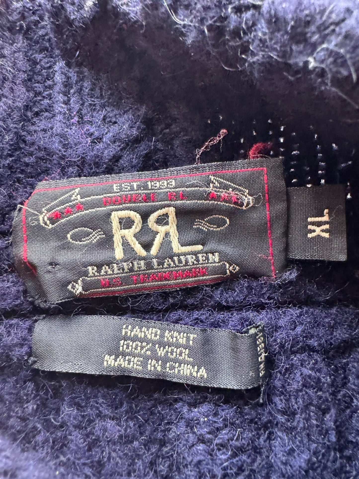 Tag on Double RL Navy Blue Wool Fisherman Sweater SZ XL