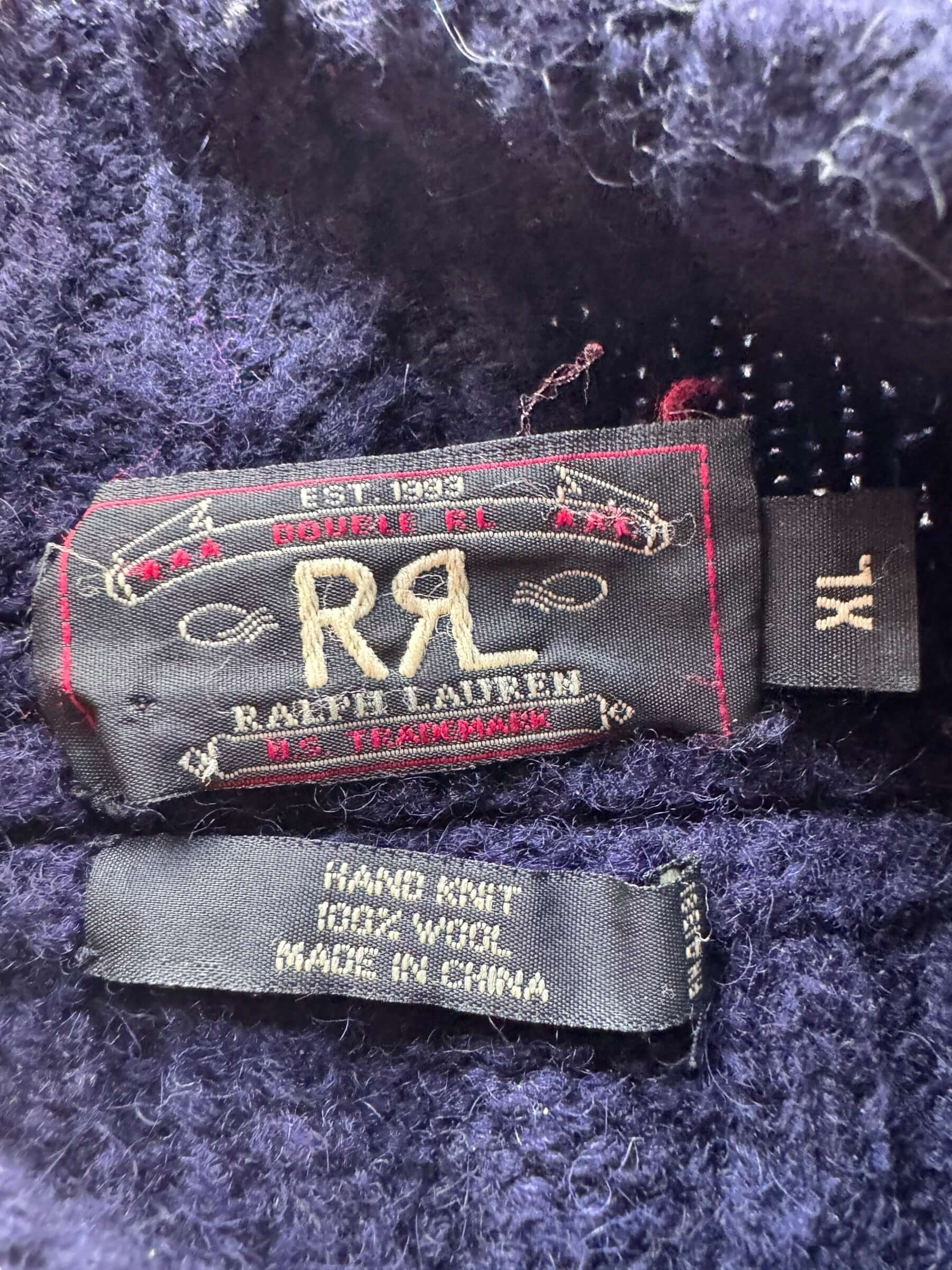 Tag on Double RL Navy Blue Wool Fisherman Sweater SZ XL