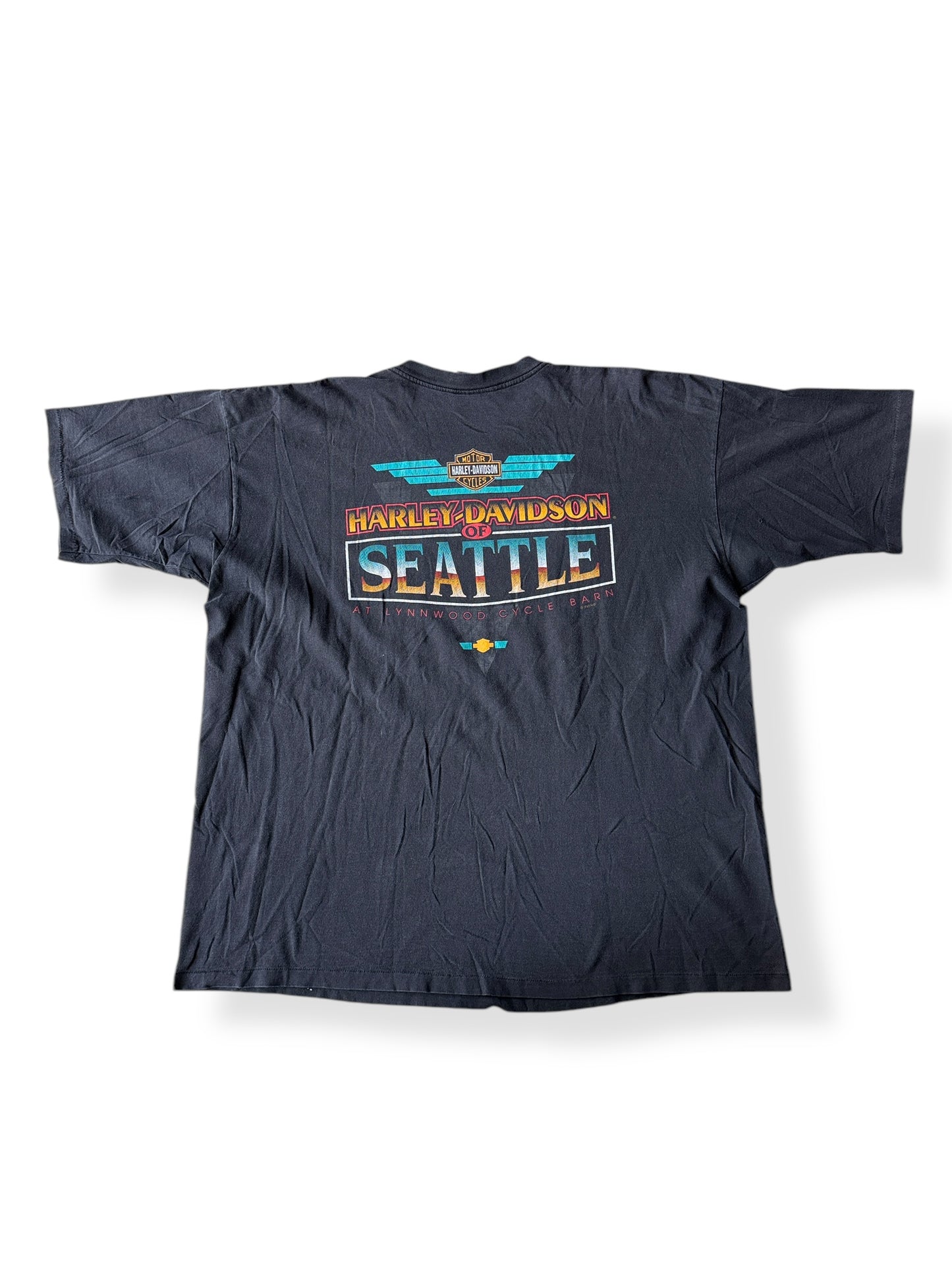 Back of Vintage Harley Davidson of Seattle No Boundaries Wolf Tee SZ 3XL