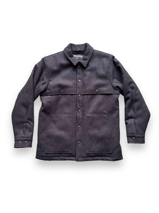 front of Filson Black Wool Lined Cape Coat SZ M