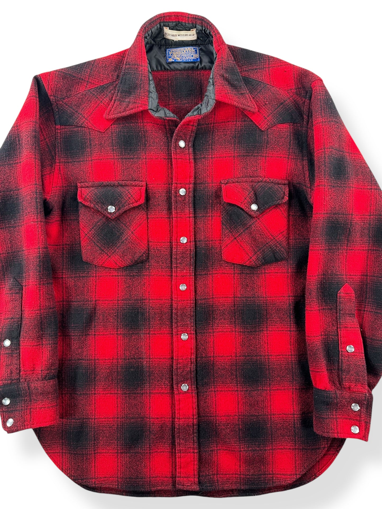 Front Close Up of Vintage Pendleton Shadow Plaid Pearl Snap Flannel SZ M