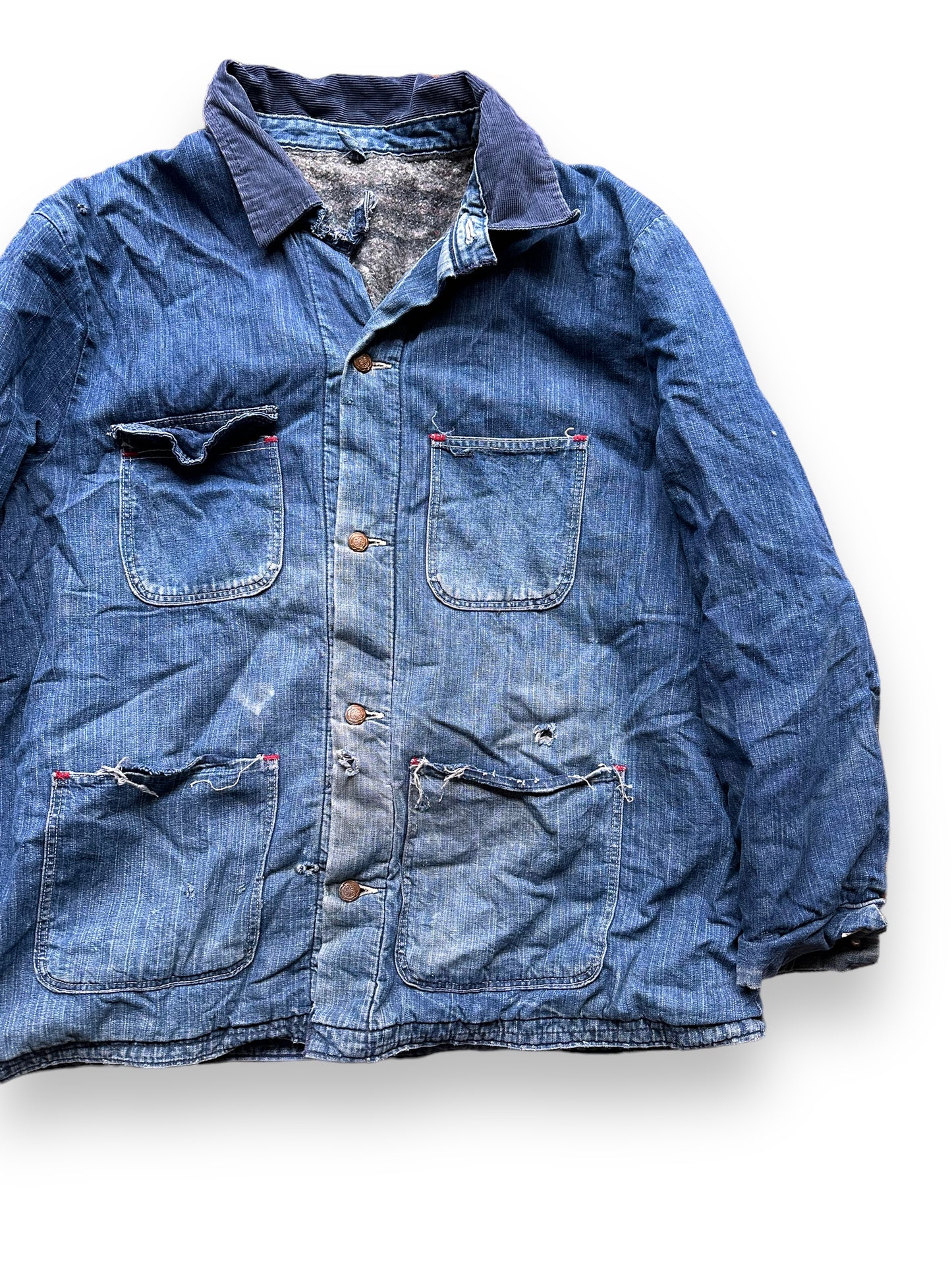 Front Left View of Vintage Blanket Lined Wrangler Blue Bell Chore Coat SZ 50 | Vintage Denim Jacket Seattle | Seattle Vintage Clothing