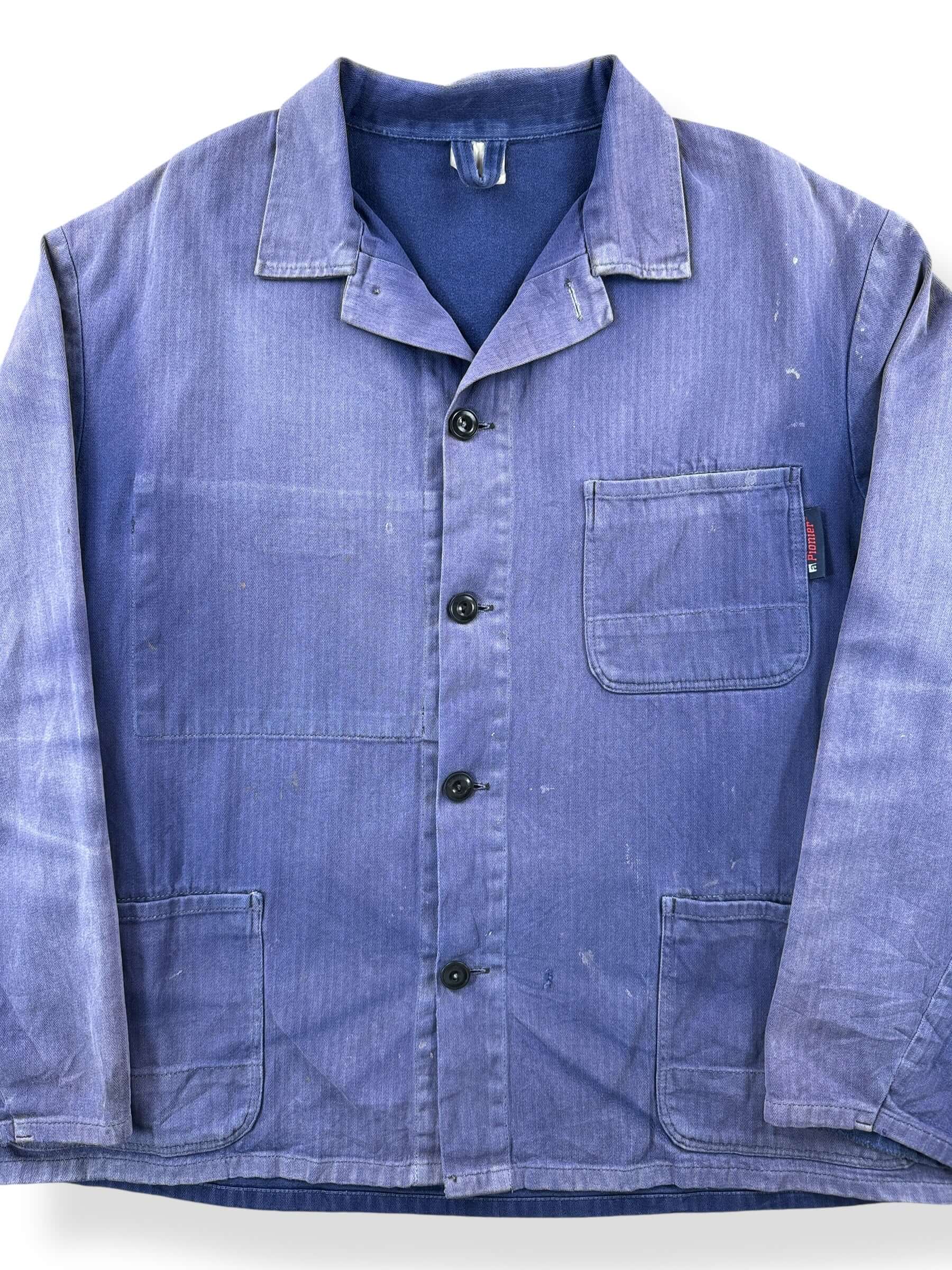 Front Close Up of Vintage Pionier Sunfaded French Chore Coat SZ XL