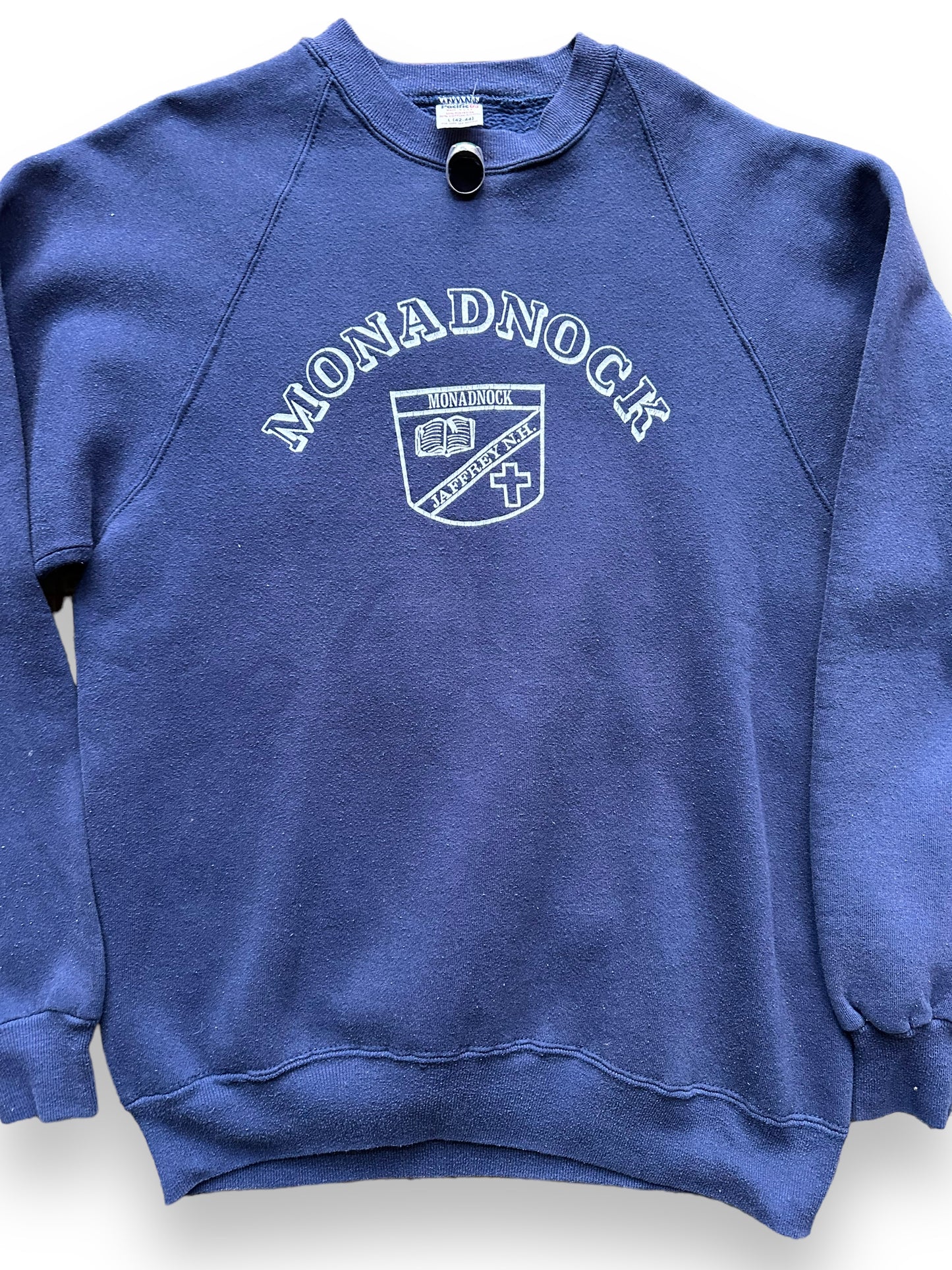 Front Detail on Vintage Monadnock Collegiate Pacific Sweatshirt SZ L | Vintage Jaffrey NH Crewneck Sweatshirts Seattle | Barn Owl Vintage Seattle