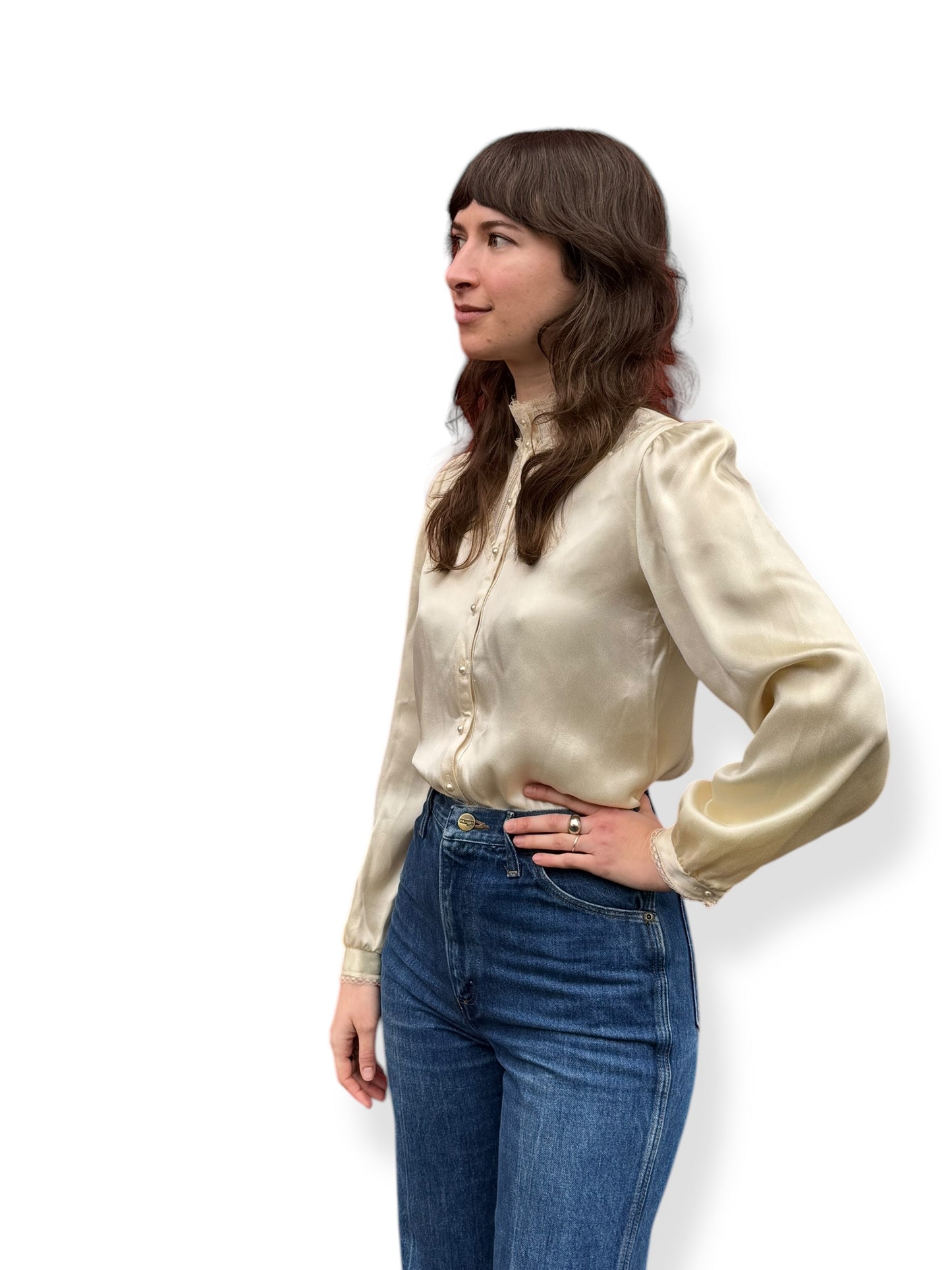 Side view of Vintage Satin Gunne Sax Blouse L